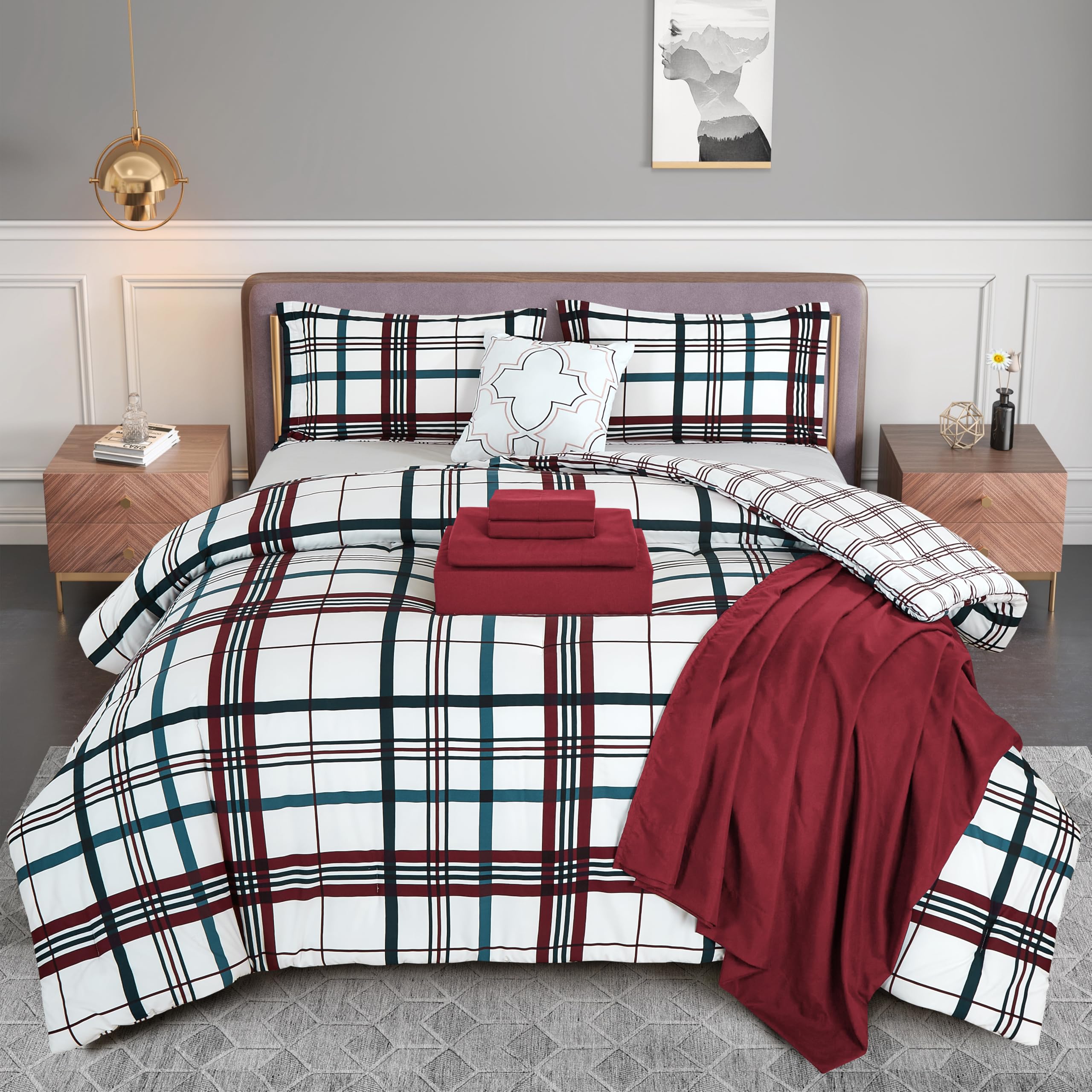 Elegant Comfort Silky Soft 8-Piece Plaid Lodge Bed-In-A-Bag Comforter Set, Includes 4Pc Smart Sheet Set, Comforter, Decorative Pillow, Matching Pillowcases And Shams - Full/Queen, Burgundy