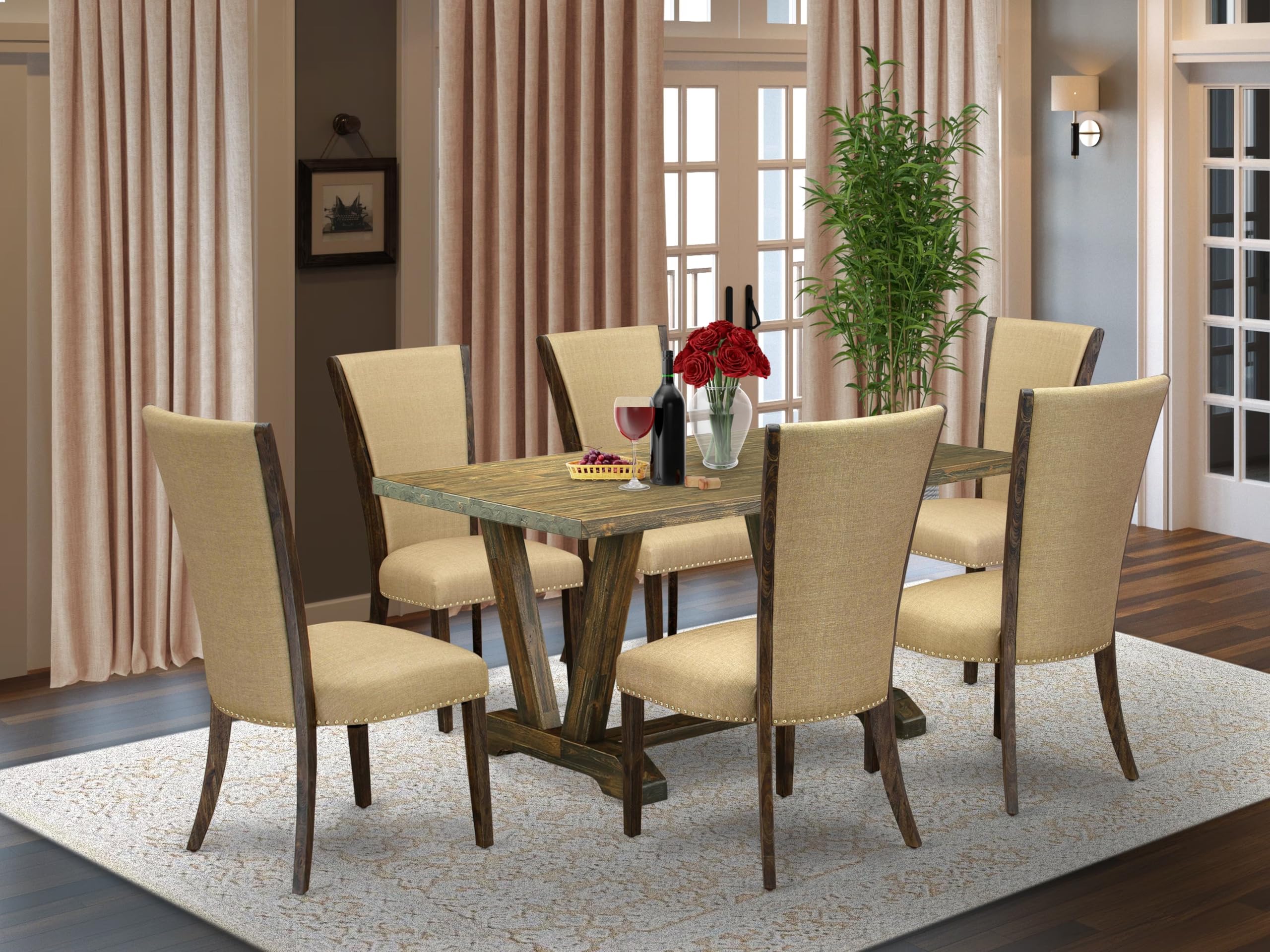 East West Furniture V776Ve703-7 7 Piece Dining Table Set Consist Of A Rectangle Dining Room Table With V-Legs And 6 Brown Linen Fabric Upholstered Chairs, 36X60 Inch, Multi-Color