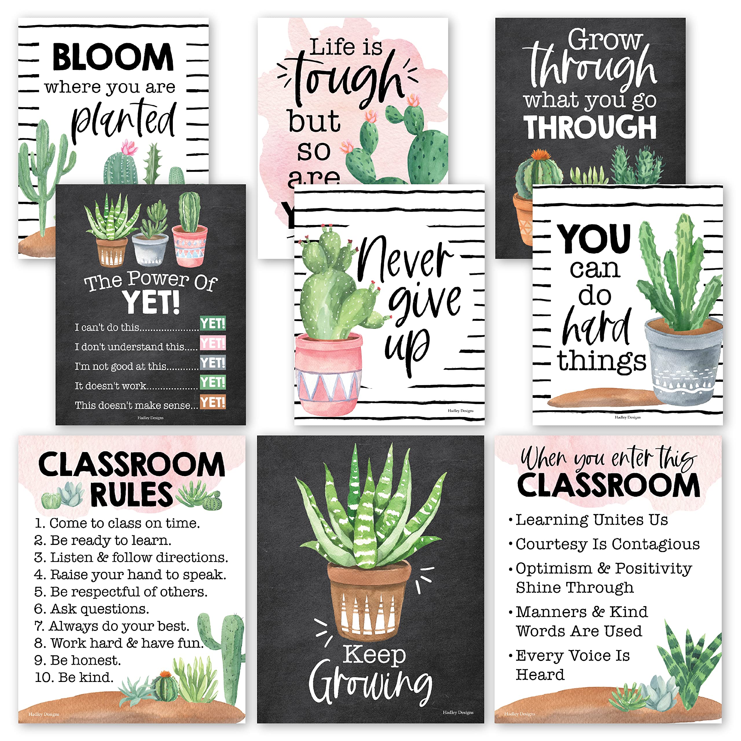 Hadley Designs 9 Cactus Classroom Decor Signs, Welcome Sign For Bulletin Board Decorations, Growth Mindset Classroom Posters Ele
