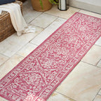 Jonathan Y Smb104E-28 Malta Bohemian Medallion Textured Weave Indoor Outdoor Area Rug, Coastal,Traditional,Transitional Easy Clean,Bedroom,Kitchen,Backyard,Patio, Non-Shed, Fuchsia/Light Gray, 2 X 8