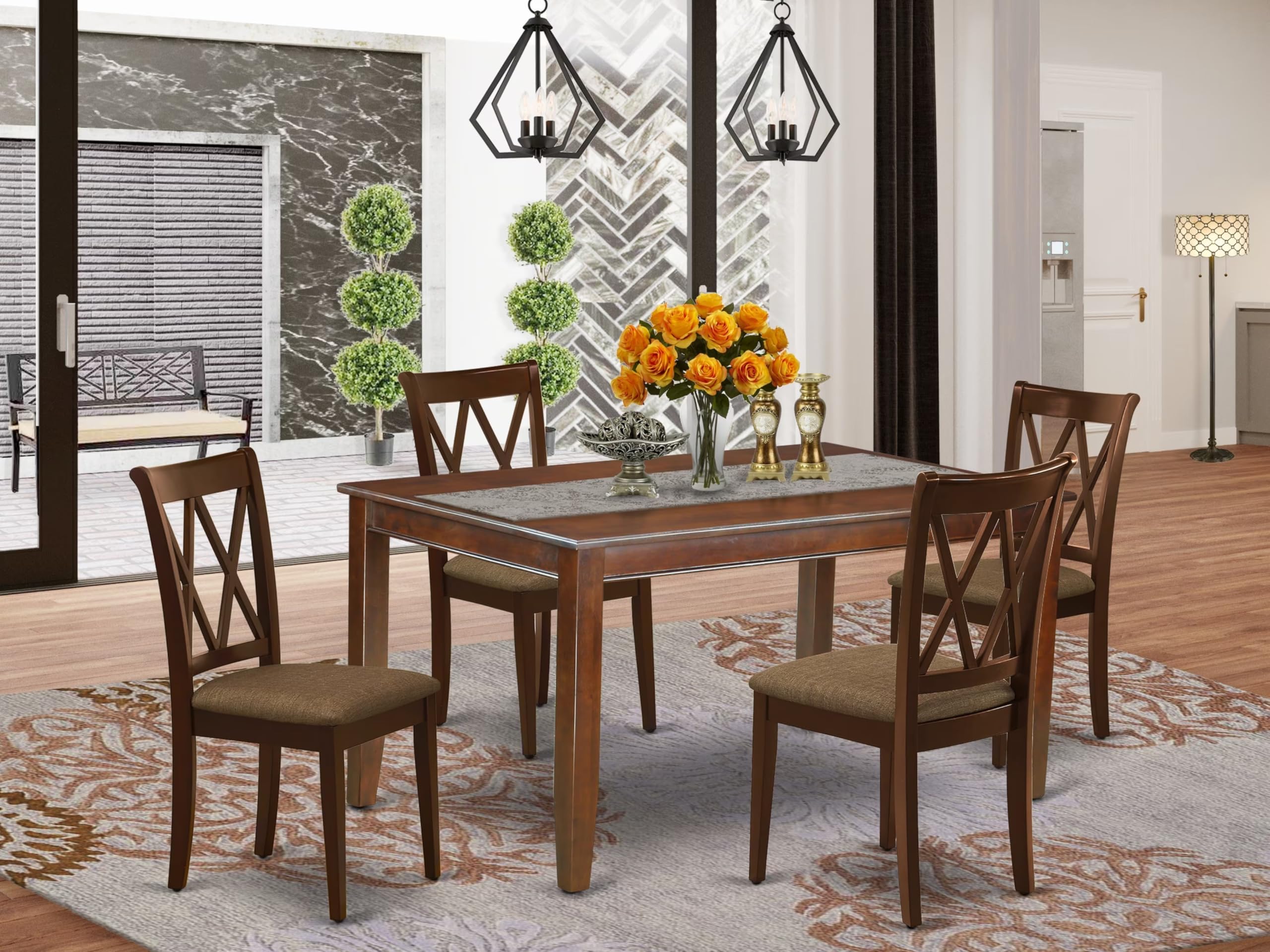 East West Furniture Ducl5-Mah-C Dudley 5 Piece Kitchen Set For 4 Includes A Rectangle Table And 4 Linen Fabric Dining Room Chairs, 36X60 Inch, Mahogany