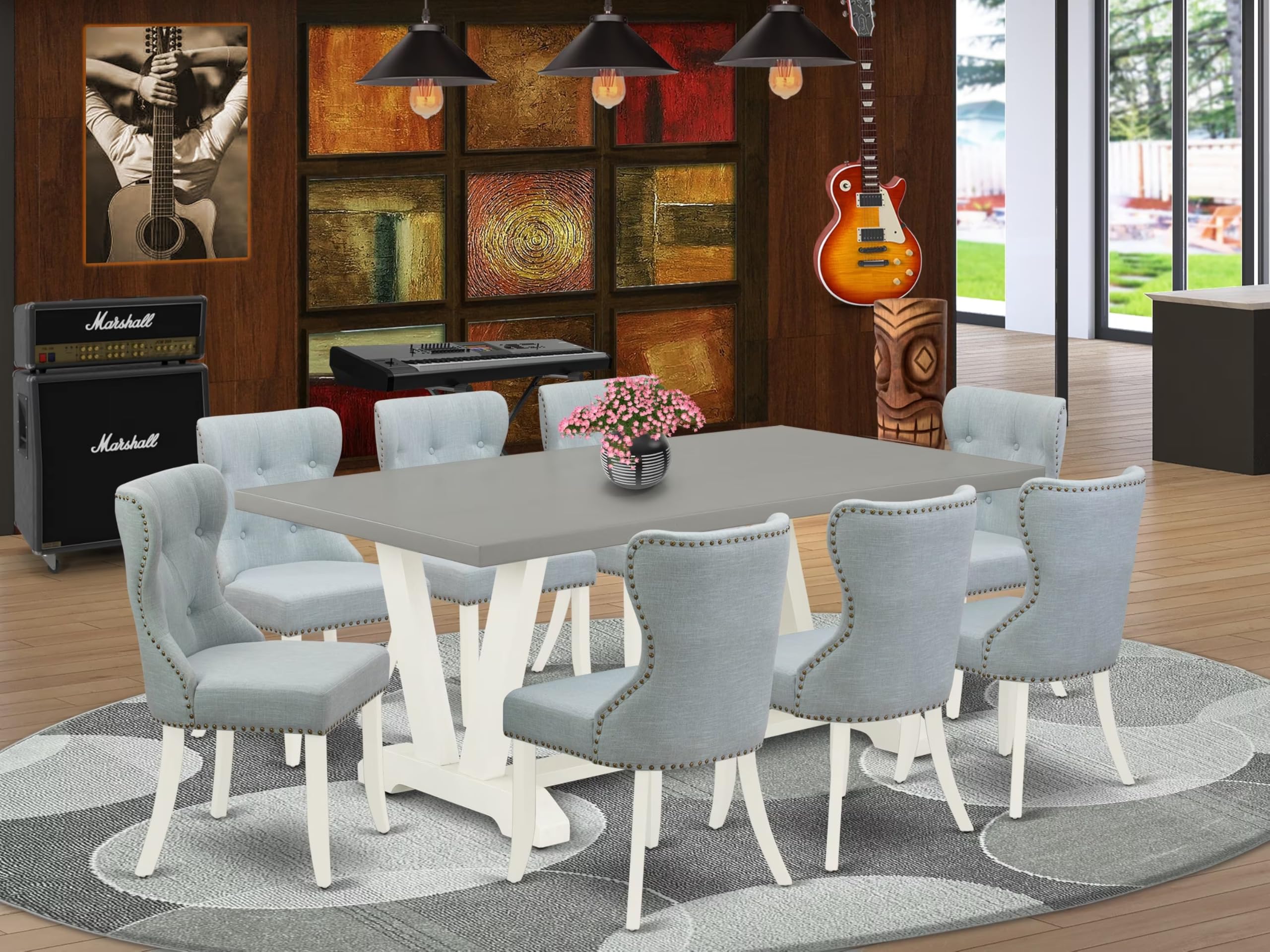 East West Furniture V097Si215-9 9 Piece Dining Room Set Includes A Rectangle Kitchen Table With V-Legs And 8 Baby Blue Linen Fabric Parsons Dining Chairs, 40X72 Inch, Multi-Color
