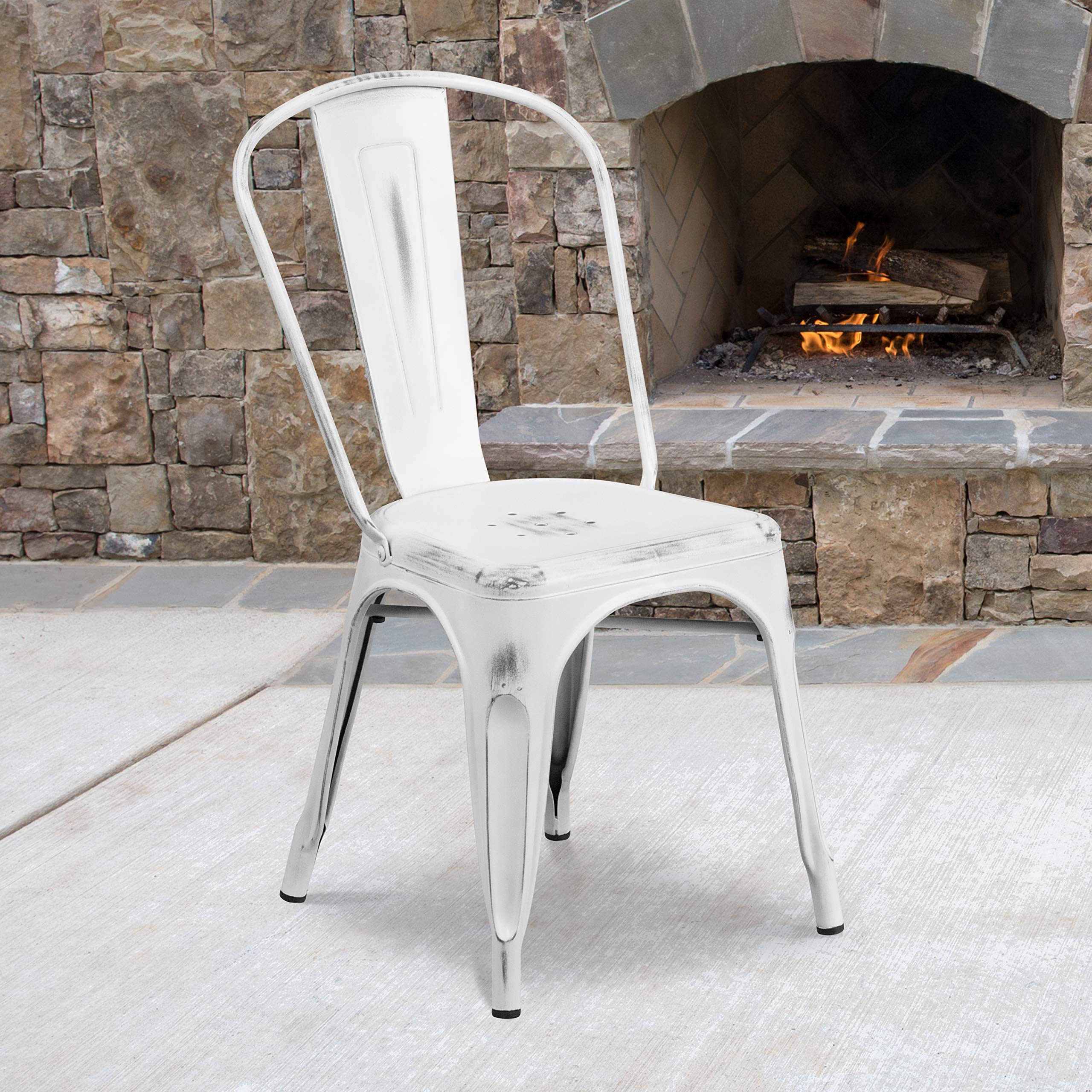 Flash Furniture Commercial Grade Distressed White Metal Indoor-Outdoor Stackable Chair