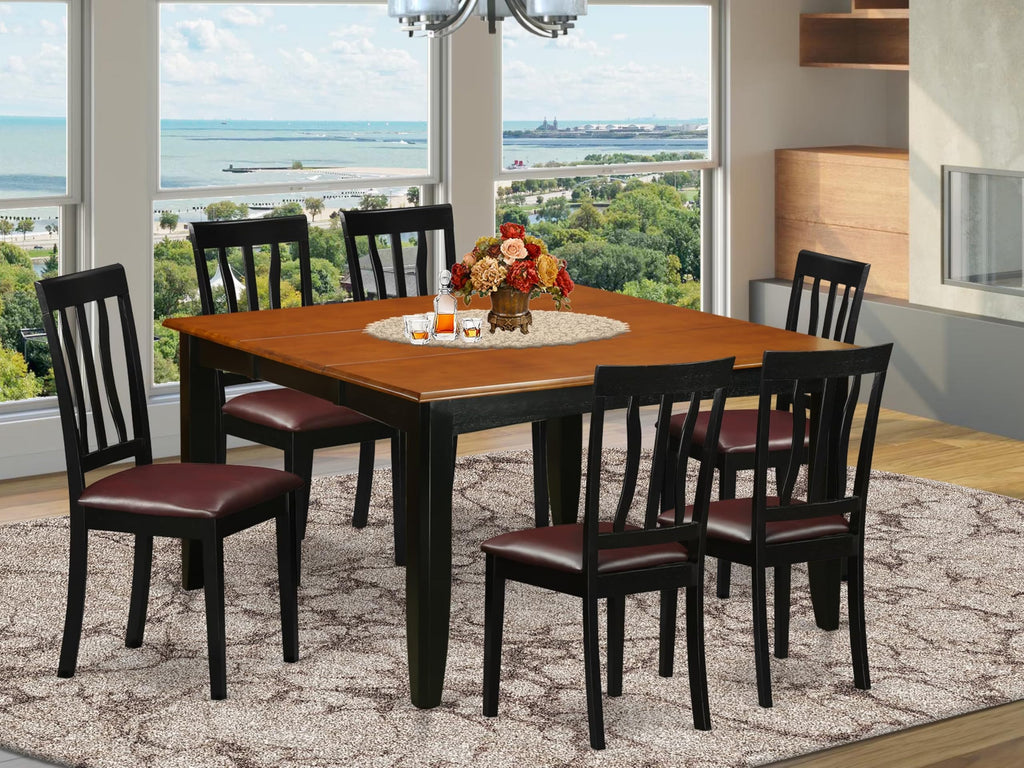 East West Furniture PFAN7-BCH-LC 7 Piece Kitchen Table & Chairs Set Consist of a Square Dining Room Table with Butterfly Leaf and 6 Faux Leather Dining Chairs, 54x54 Inch, Black & Cherry