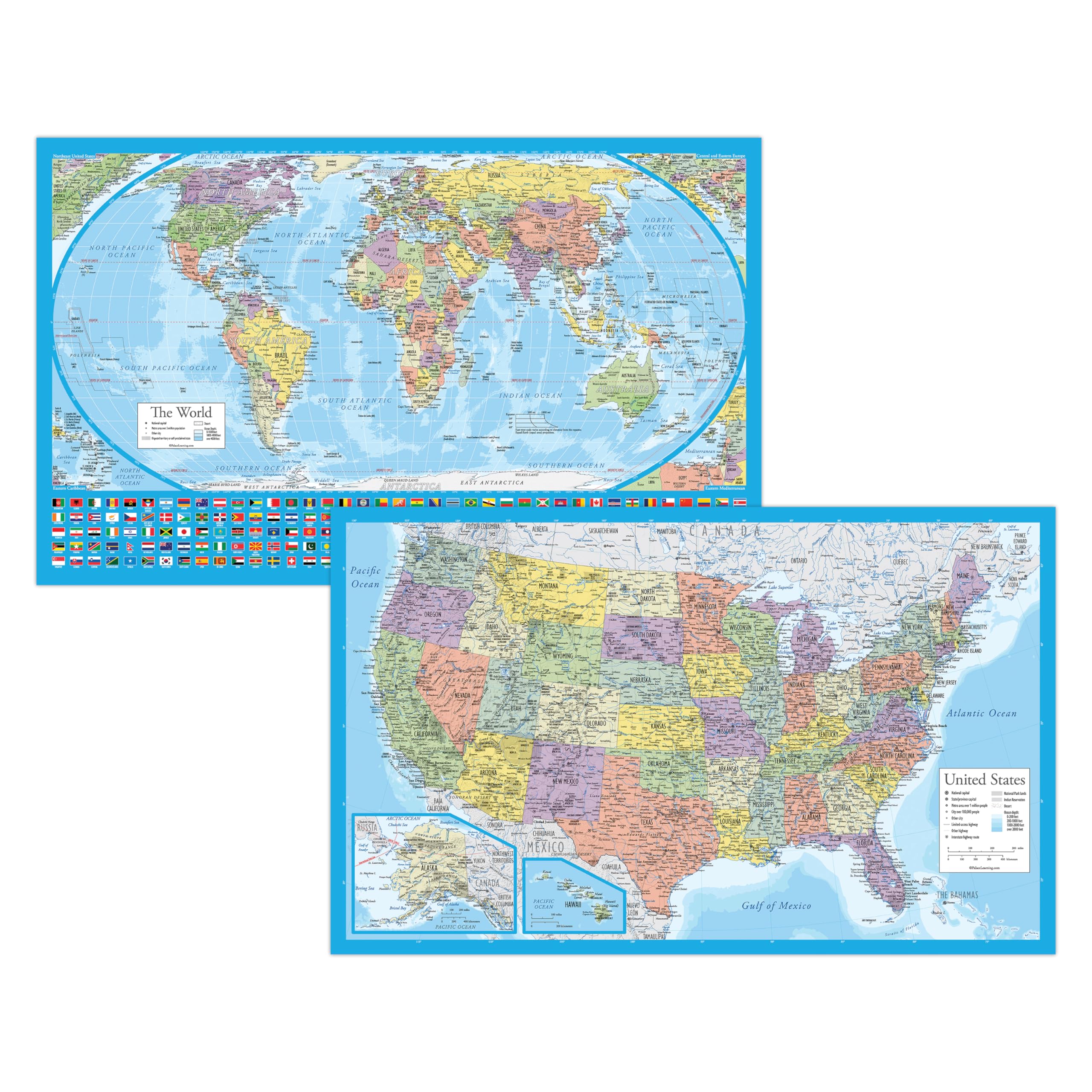 2 Pack - Laminated World Map Poster & Usa Map Set - Equal Earth World Map Design Shows Continents At True Relative Size - Us Map