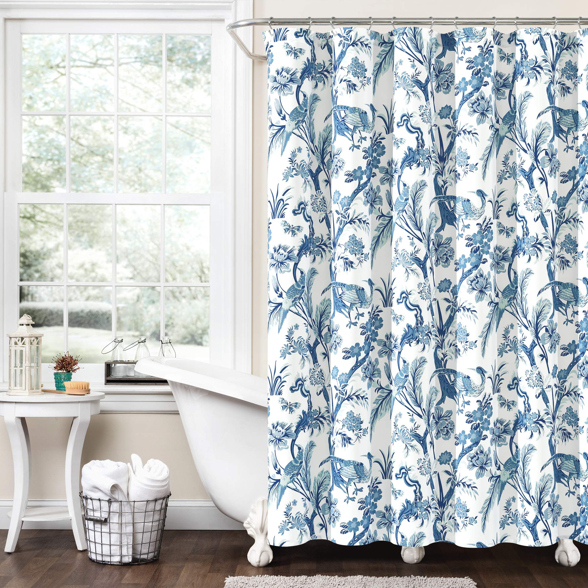 Lush Decor Dolores Shower Curtain, 72' W X 72' L, Blue - Toile Shower Curtain - Bold Blue And White Shower Curtain - Bird & Fl