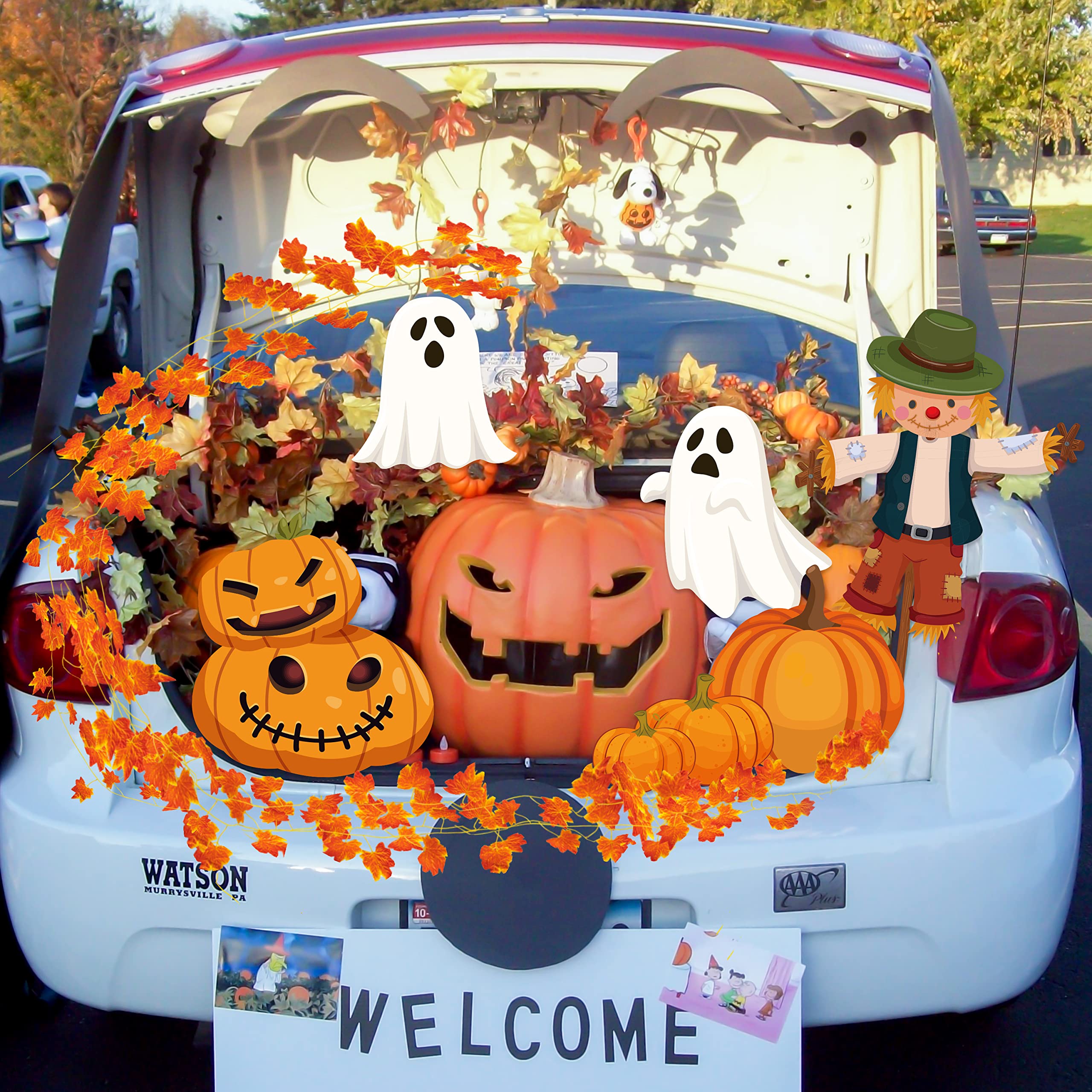Haooryx 12Pcs Trunk Or Treat Fall Decoration Kit For Car, Suv, Autumn Scarecrow Pumpkin Ghost Trunk Or Treat Car Archway Garage