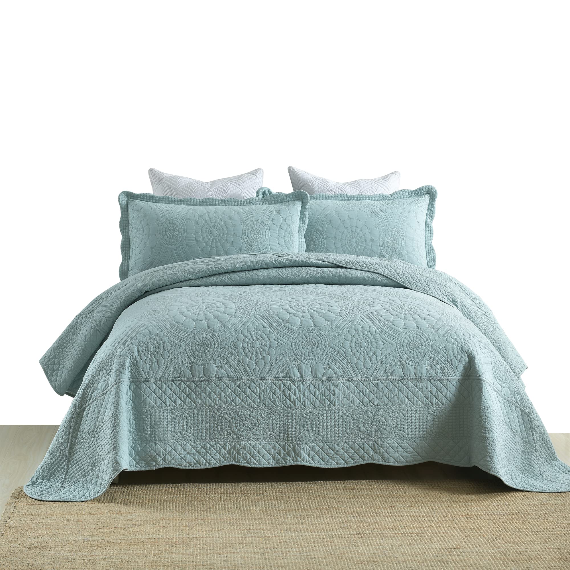 MarCielo 3-Piece 100% Cotton Oversized Bedspread Set Coverlet Set Lightweight Quilt Set Embroidery Farmhouse Bedding Set (Shasta
