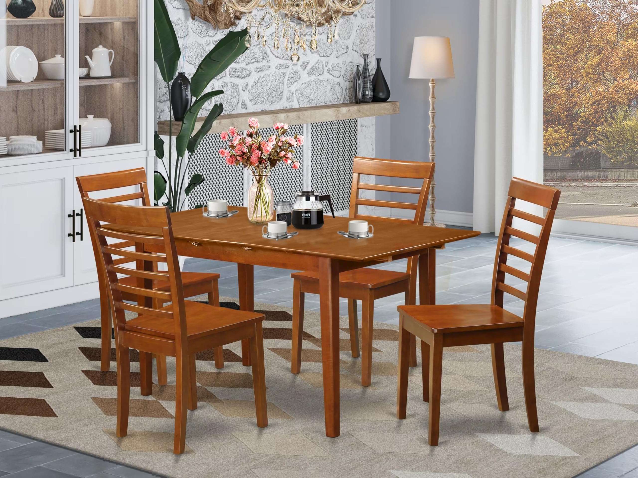 East West Furniture PSML5-SBR-W 5 Piece Dinette Set for 4 Includes a Rectangle Dining Room Table with Butterfly Leaf and 4 Kitchen Dining Chairs, 32x60 Inch, Saddle Brown