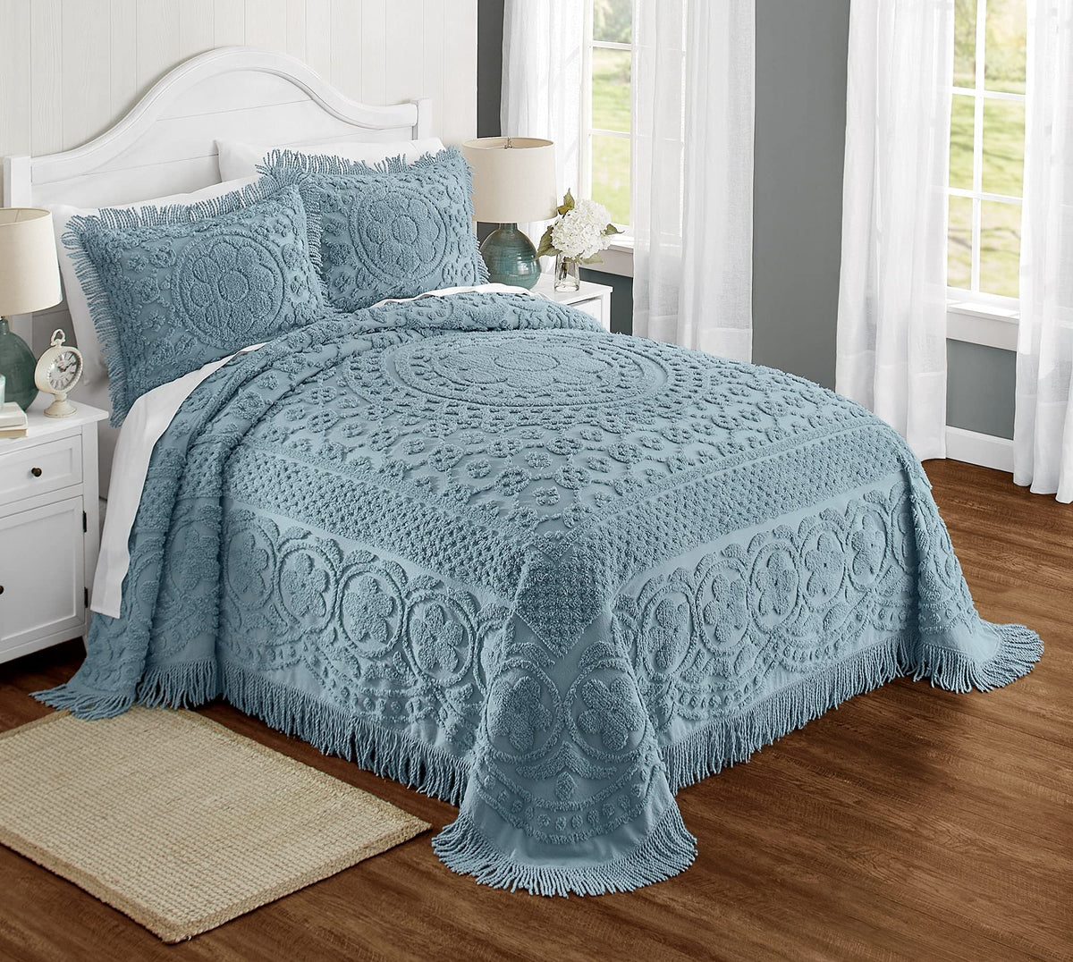 Montgomery Ward Emily Floral Chenille Bedspread, Soft Cotton Comforter, Full Size Quilt In Blue - Luxury Hotel Bedding, Full Bed