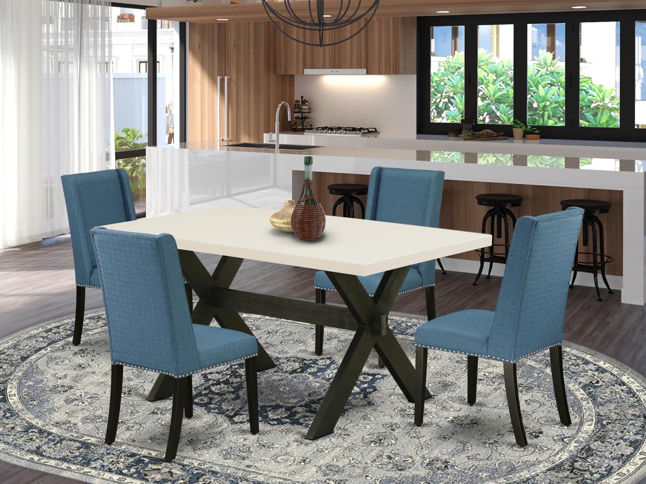 East West Furniture X626Fl121-5 5 Piece Dining Table Set For 4 Includes A Rectangle Kitchen Table With X-Legs And 4 Blue Linen Fabric Parson Dining Room Chairs, 36X60 Inch, Multi-Color