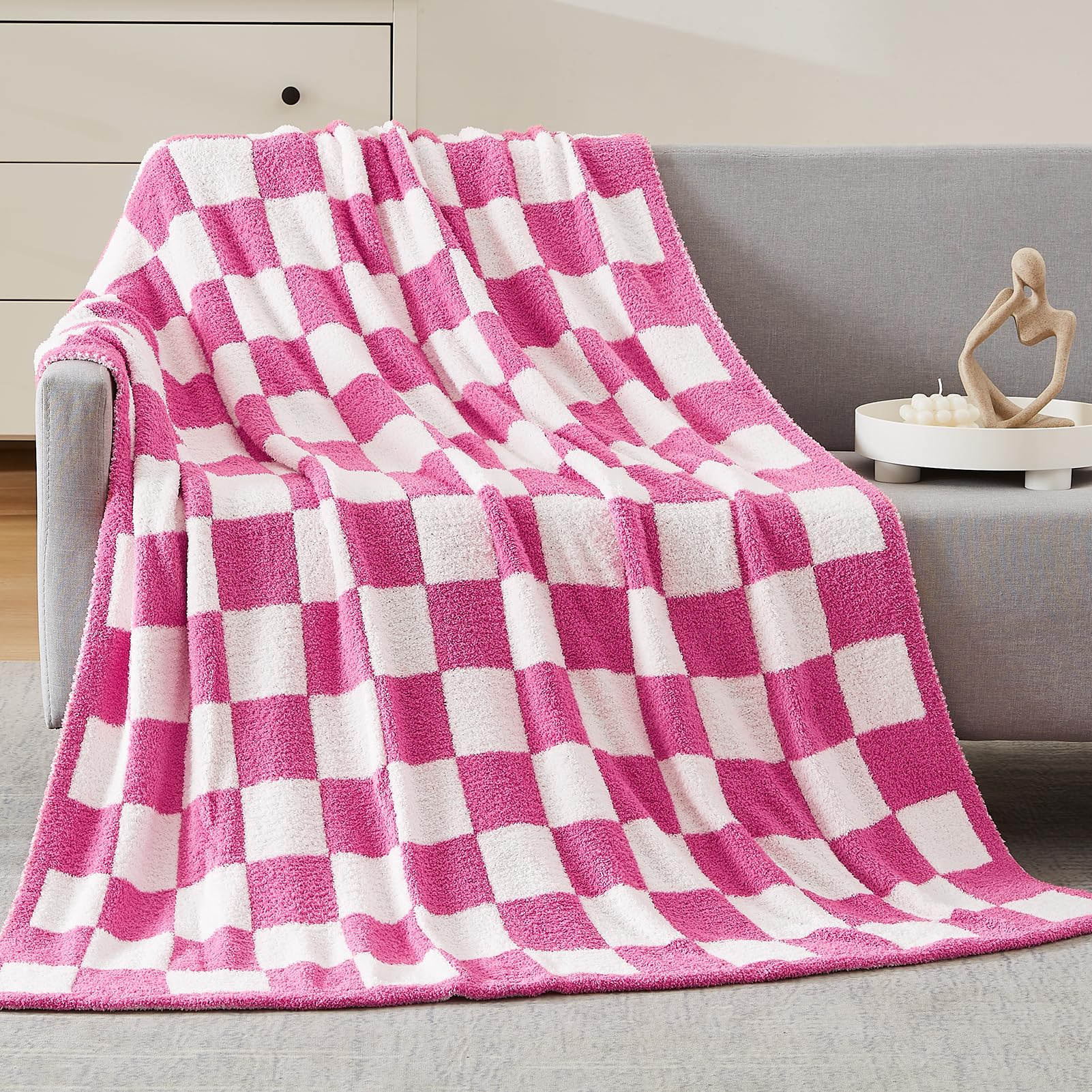 Wrensonge Checkered Throw Blanket, Hot Pink Microfiber Soft Cozy Fluffy Warm Hand Made Throw Blankets For Couch, Sofa, Chair, Be