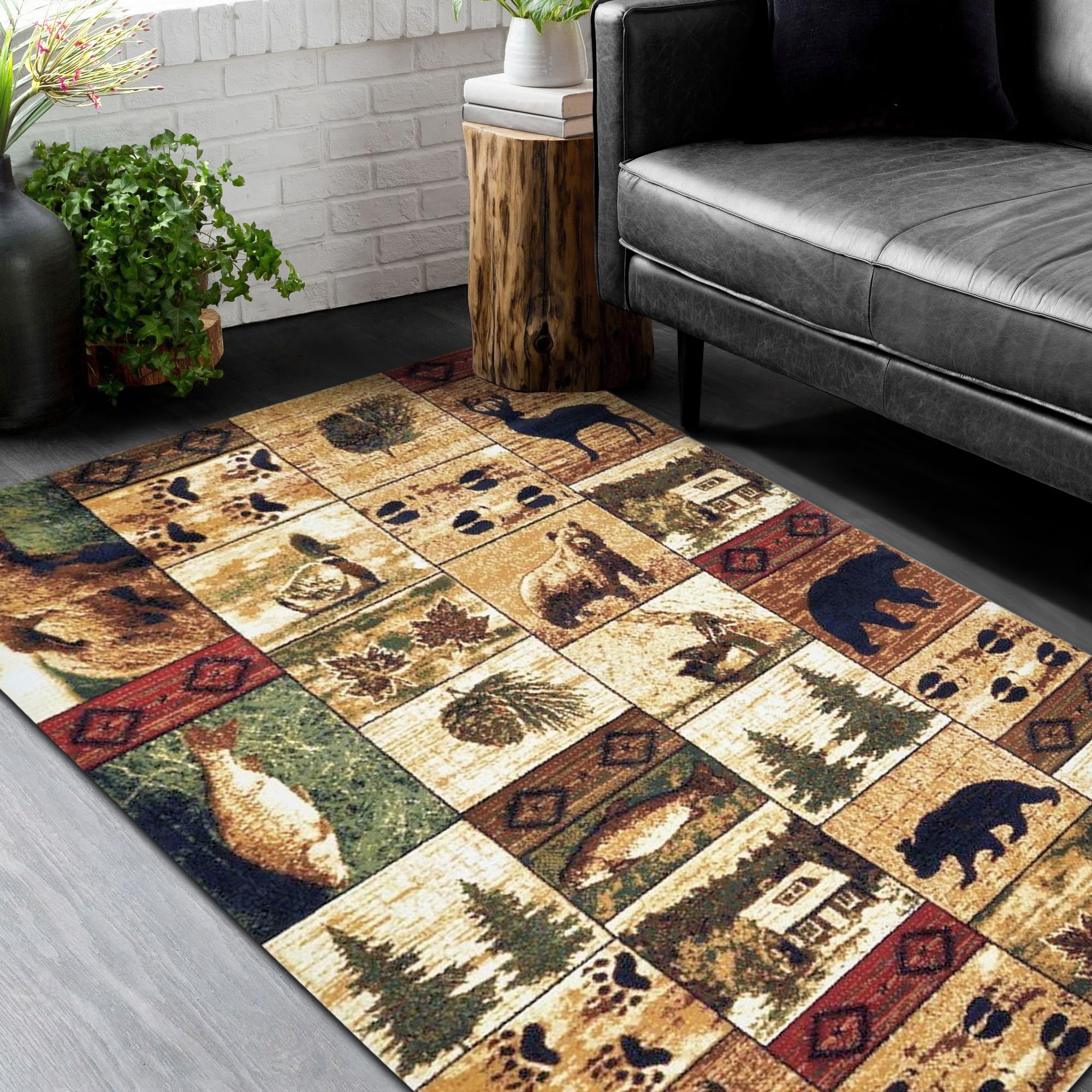 HR Cabin Collection 908-Rooster Rugs Contemporary Geometric Design Rooster/Mother Bear and Cub/Fish/Lodge/Deer-Southwestern Desi