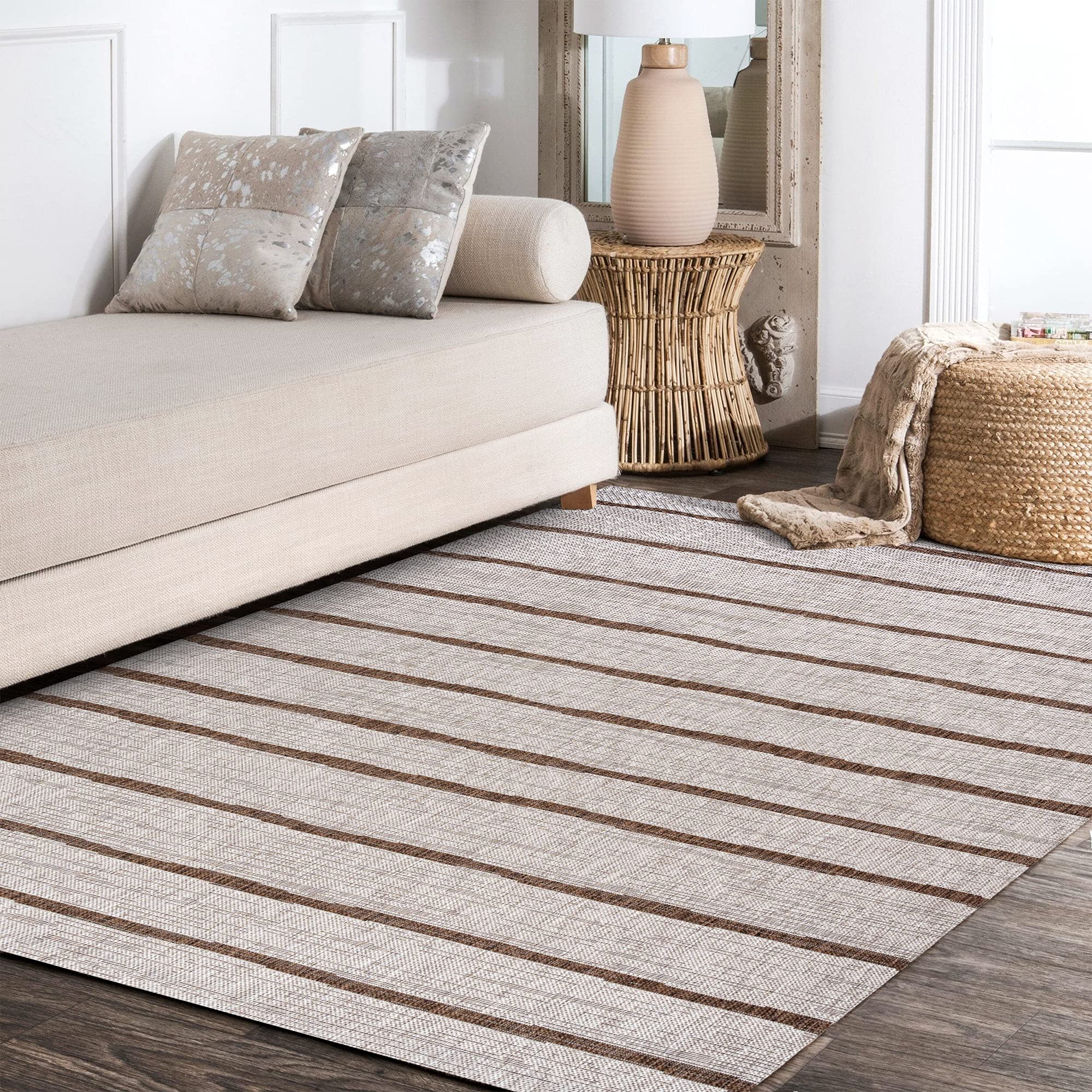 Jonathan Y Smb125A-5 Colonia Berber Stripe Indoor Outdoor Area-Rug Bohemian Contemporary Easy-Cleaning Bedroom Kitchen Backyard Patio Non Shedding, 5 X 8, Beige/Brown