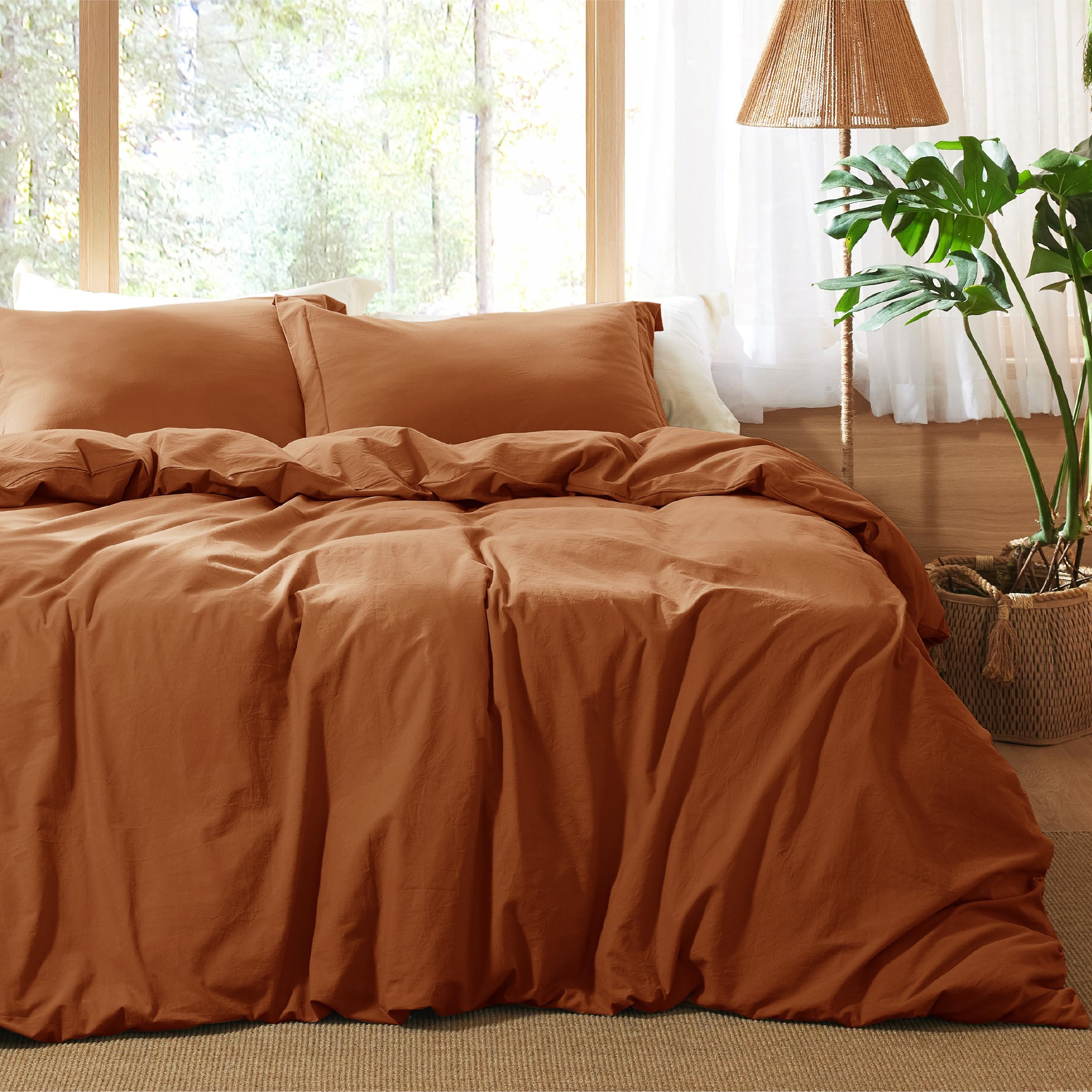 Bedsure 100% Washed Cotton Duvet Cover Queen - Pumpkin Orange Minimalist Duvet Cover Set Linen Like - 3 Pieces Gentlesoft™ Plain Simple Bedding Set With 2 Pillow Shams (Pumpkin Orange, Queen, 90'X90')