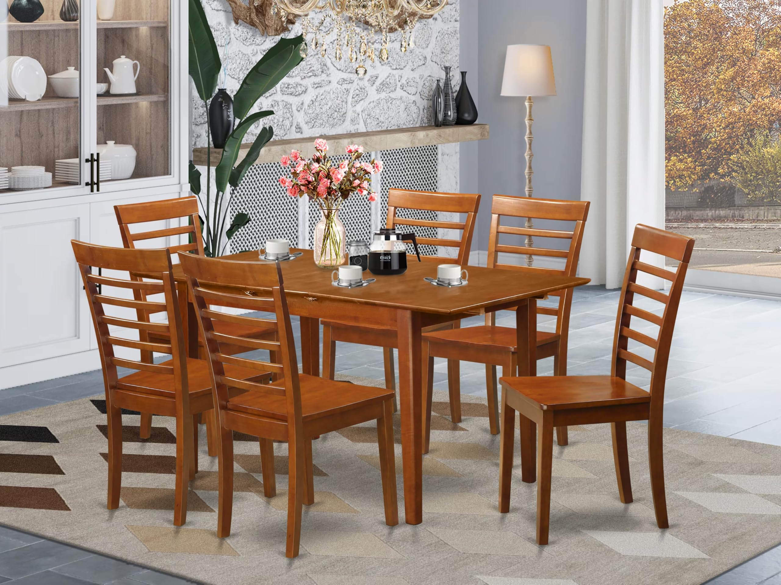 East West Furniture PSML7-SBR-W 7 Piece Dining Table Set Consist of a Rectangle Dining Room Table with Butterfly Leaf and 6 Wood Seat Chairs, 32x60 Inch, Saddle Brown