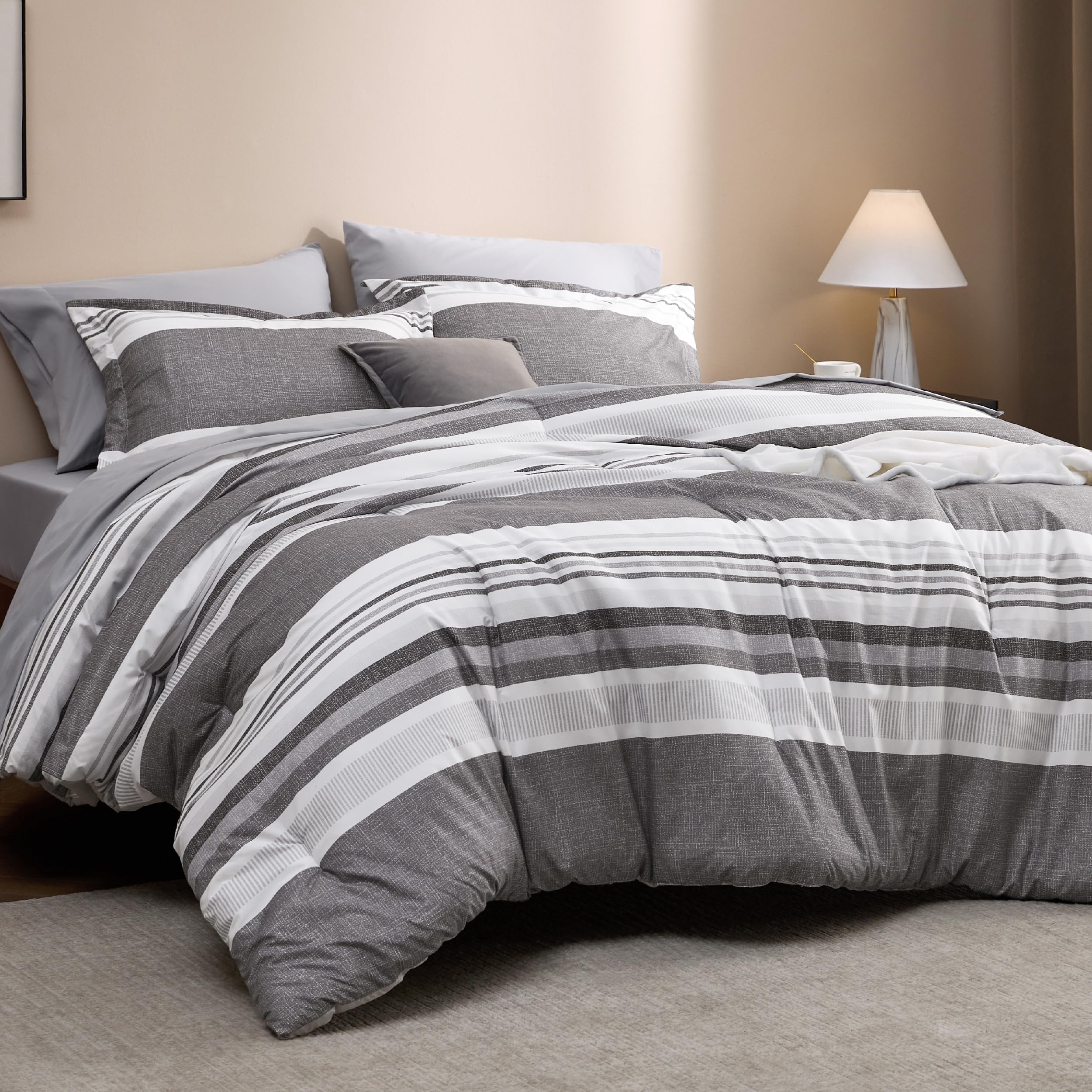 Bedsure King Comforter Set 7 Pieces, Frost Grey Striped Bedding Set For King Size Bed Reversible, Cationic Dyeing Bed In A Bag With Comforter, Sheets, Pillowcases & Shams