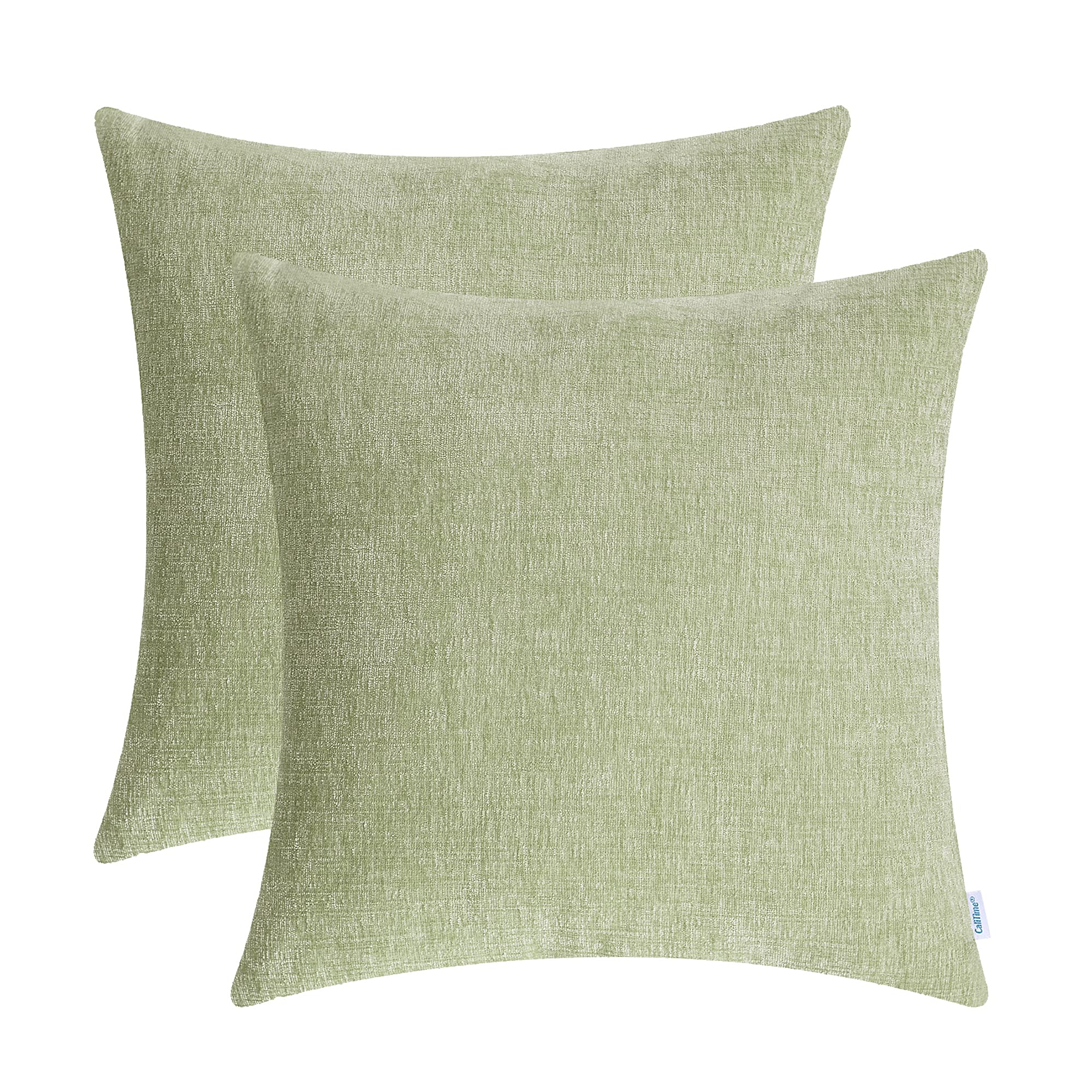 Calitime Pack Of 2 Cozy Throw Pillow Covers Cases For Couch Sofa Home Decoration Solid Dyed Soft Chenille 24 X 24 Inches Sage