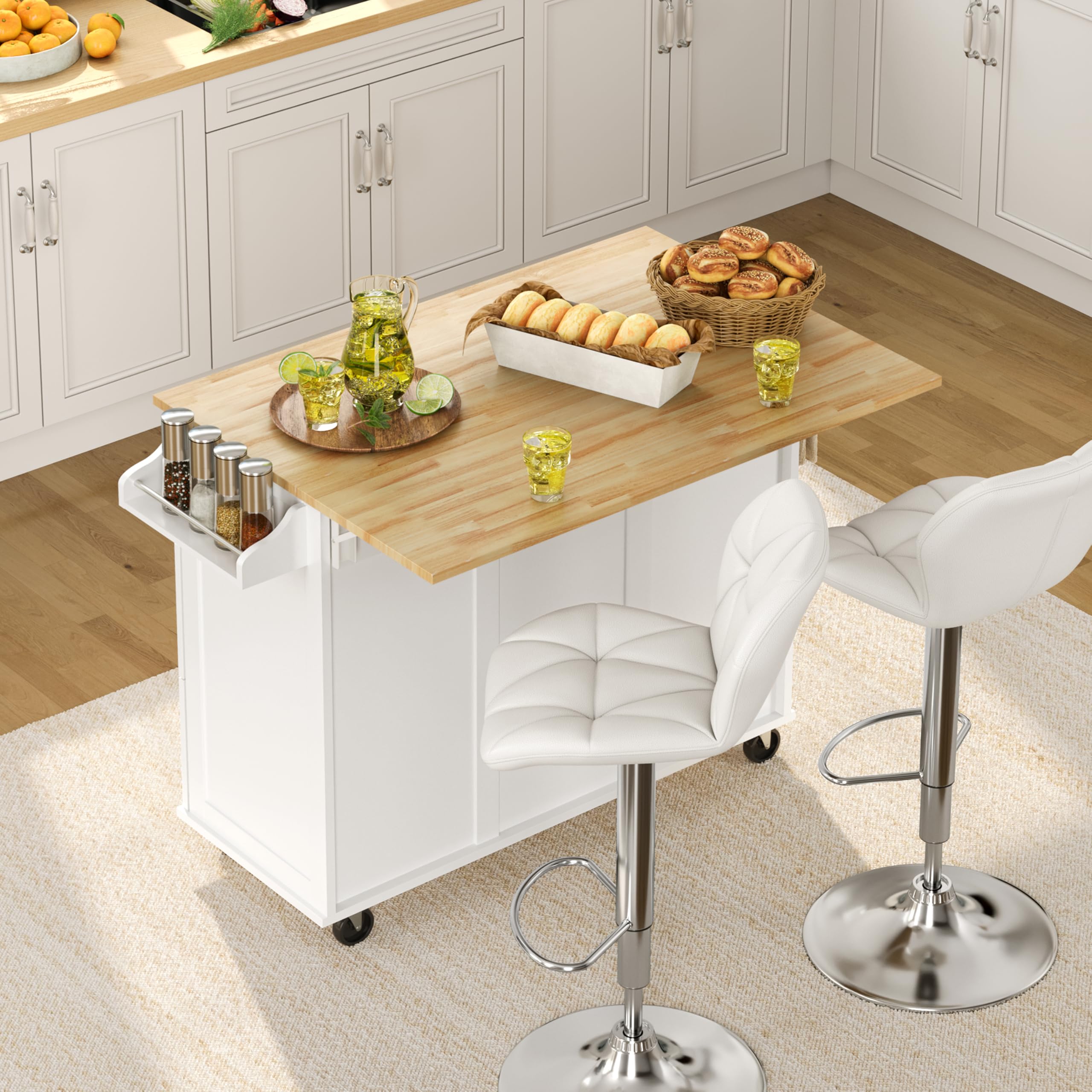 Yaheetech Kitchen Island With Drop-Leaf Breakfast Bar, 53' Width Kitchen Cart On 5 Universal Wheels With Rubberwood Top, Storage Cabinet, 3 Drawers, And Spice Rack For Dining Room, White
