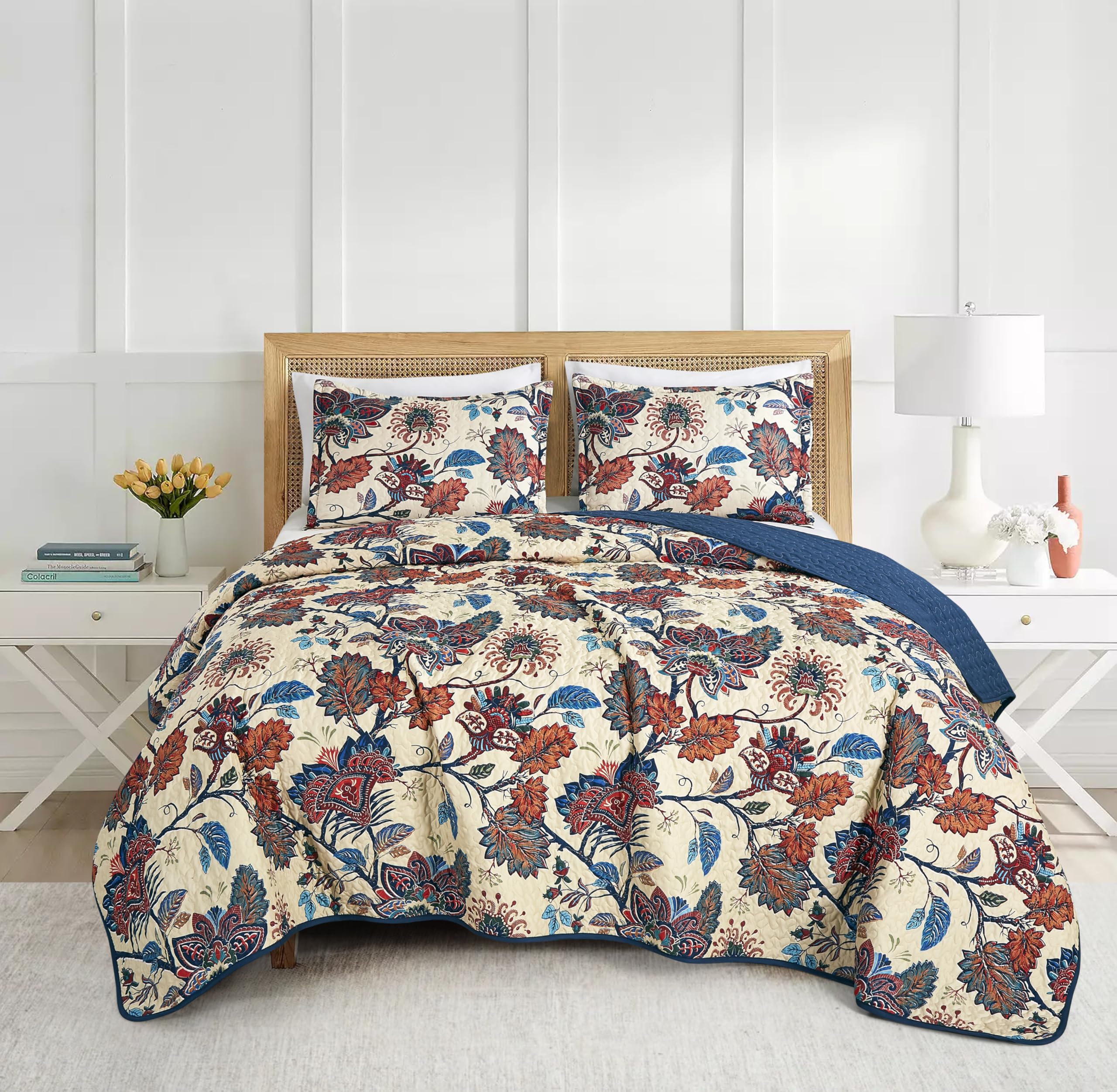 Chezmoi Collection Paradise 3-Piece Floral Quilt Set Full - Multicolor Blue Red Orange Cream Printed Microfiber Lightweight Beds