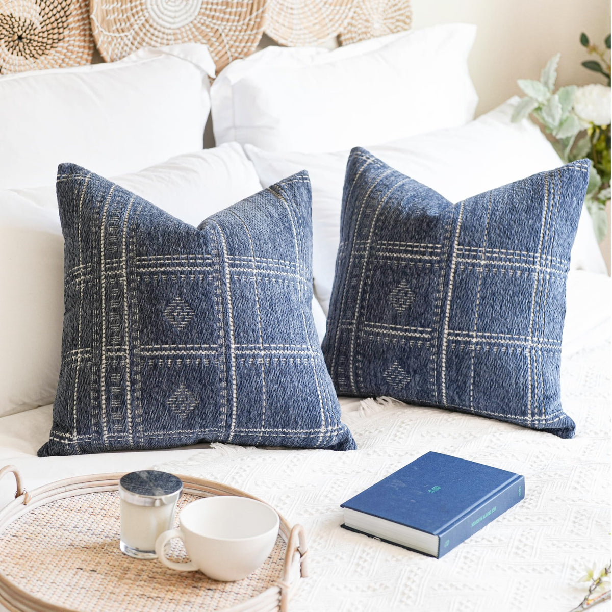 Blissblush Dark Blue Decorative Throw Pillow Covers 22X22, Set Of 2, Boho Farmhouse Cushion Cover, Cozy Soft Accent Pillowcase F