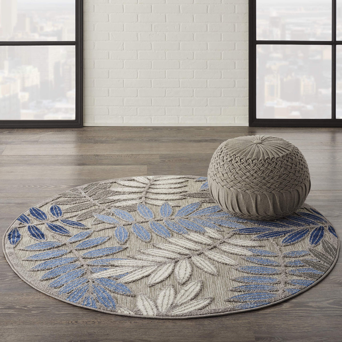Nourison Aloha Indoor/Outdoor Grey/Blue 5'3' X Round Area Rug, Tropical, Botanical, Easy Cleaning, Non Shedding, Bed Room, Kitc