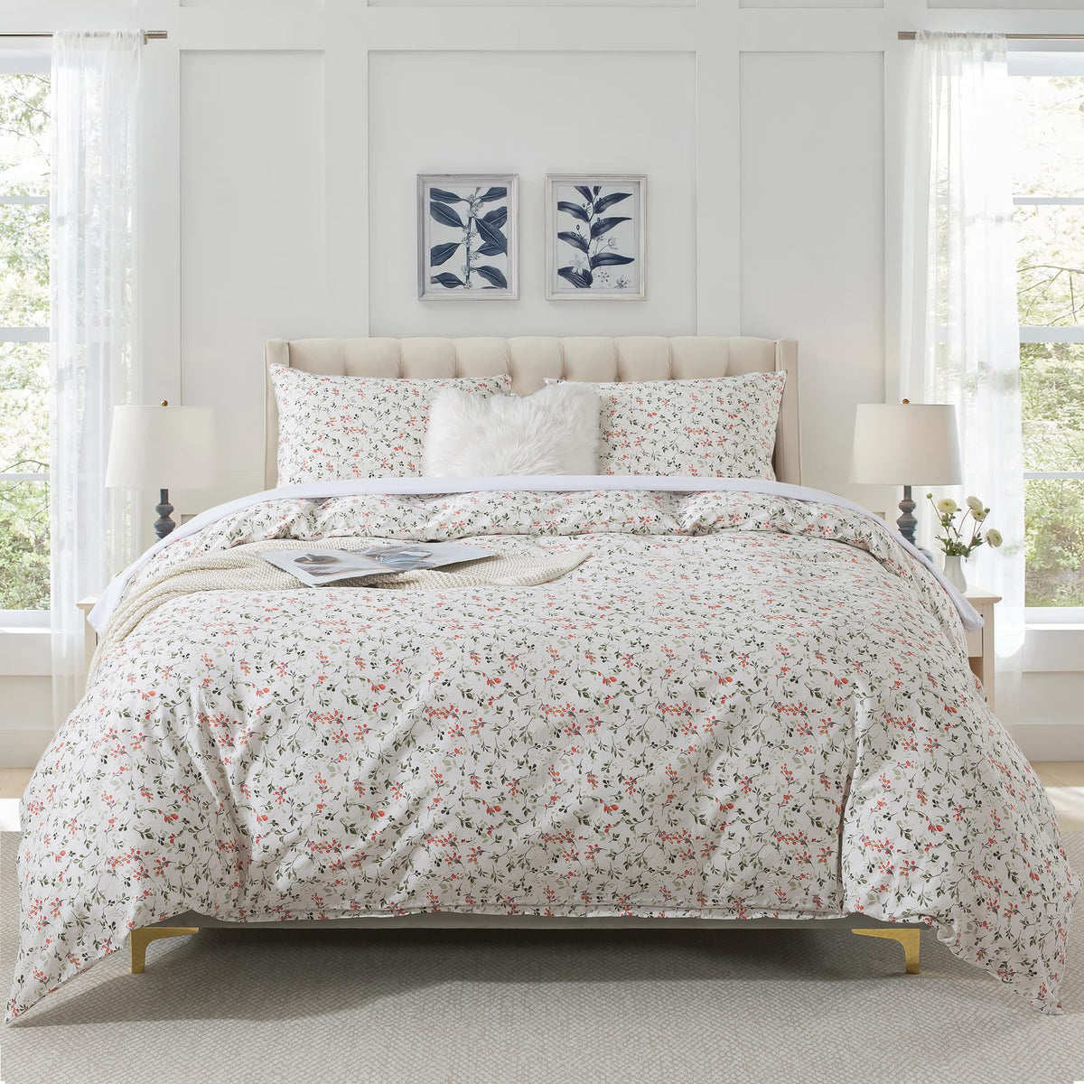 HoneiLife Duvet Cover Queen Size - Cotton Comforter Cover Floral Duvet Cover Sets 3-PC, Soft & Breathable Duvet Cover with Zippe