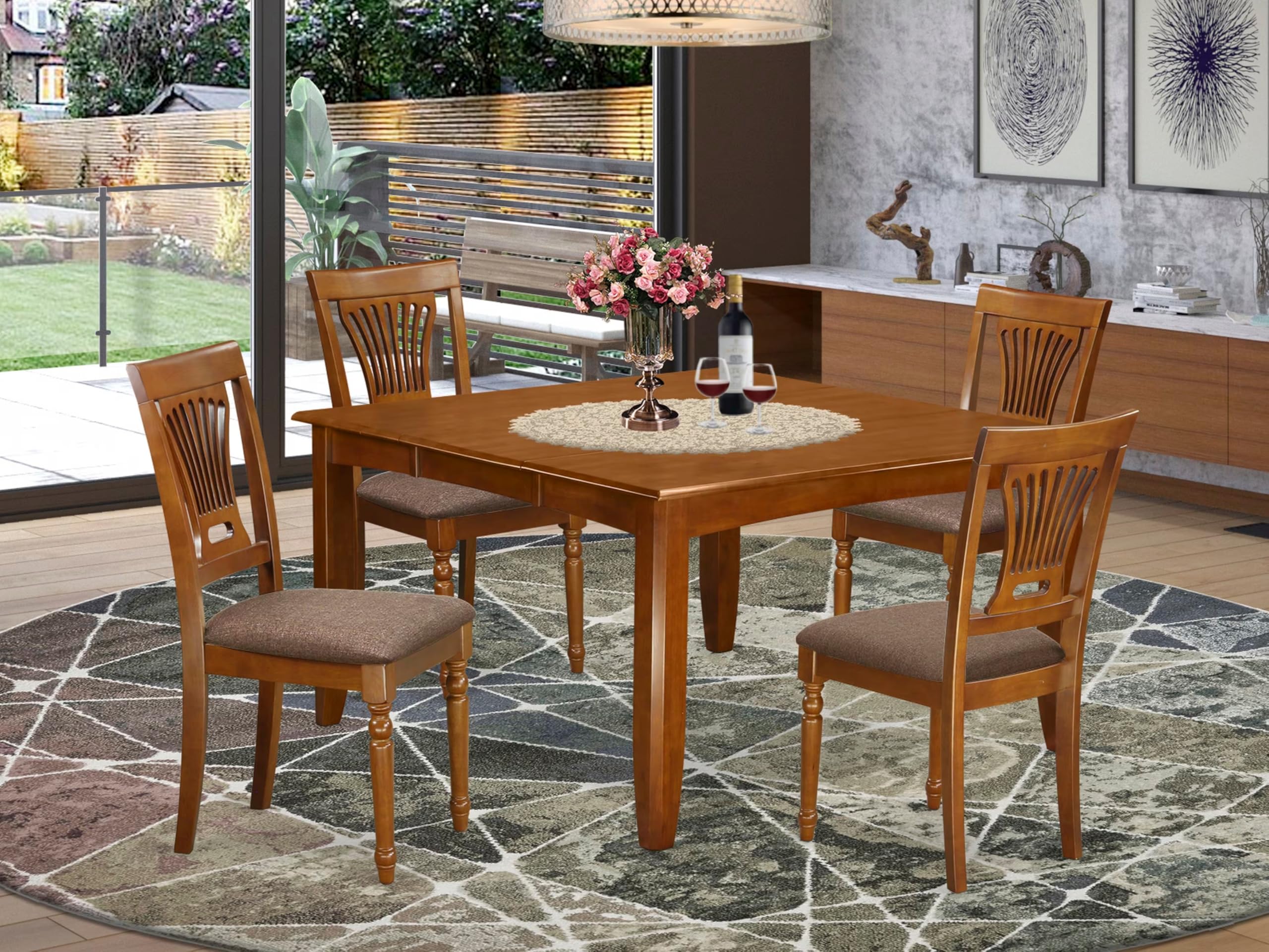 East West Furniture PFPL5-SBR-C 5 Piece Dining Room Table Set Includes a Square Wooden Table with Butterfly Leaf and 4 Linen Fabric Kitchen Dining Chairs, 54x54 Inch, Saddle Brown