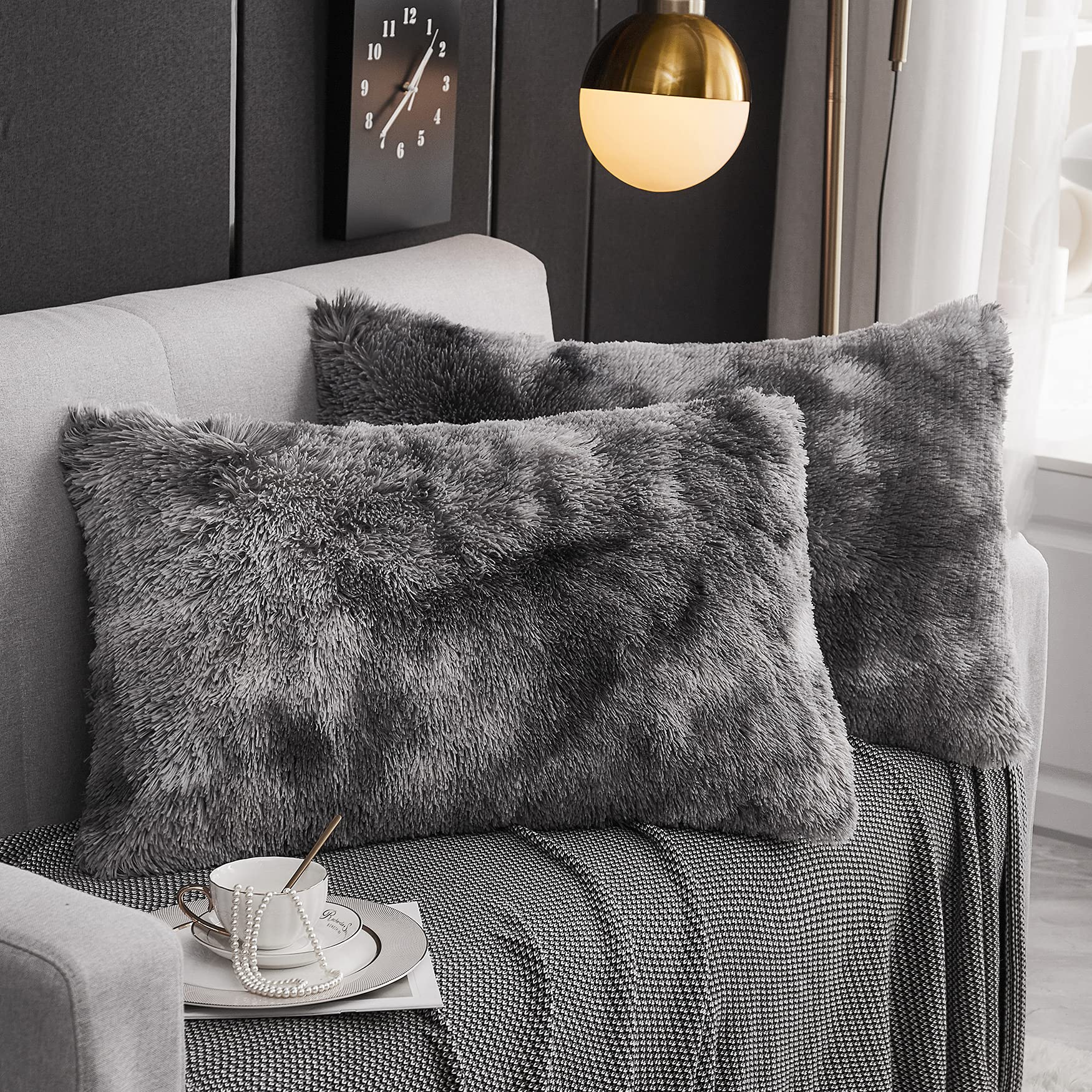 Werdim Shaggy Faux Fur Pillowcases 2 Pack Button Closure Velvet Pillow Shams King Size (Tie Dye Dark Grey, 20 X 36 Inches)