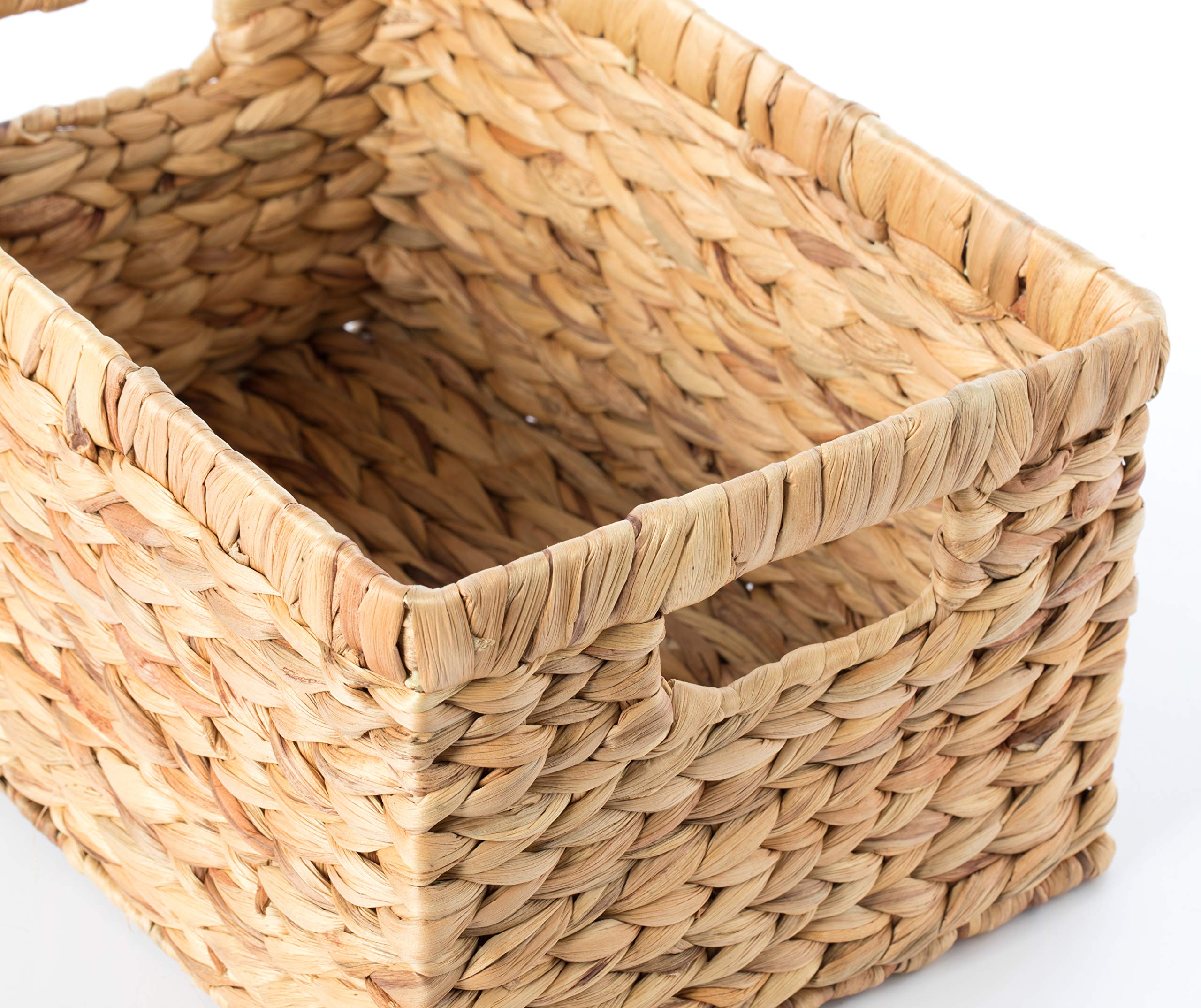 Natural Woven Water Hyacinth Wicker Rectangular Storage Bin Basket With Handles, Medium