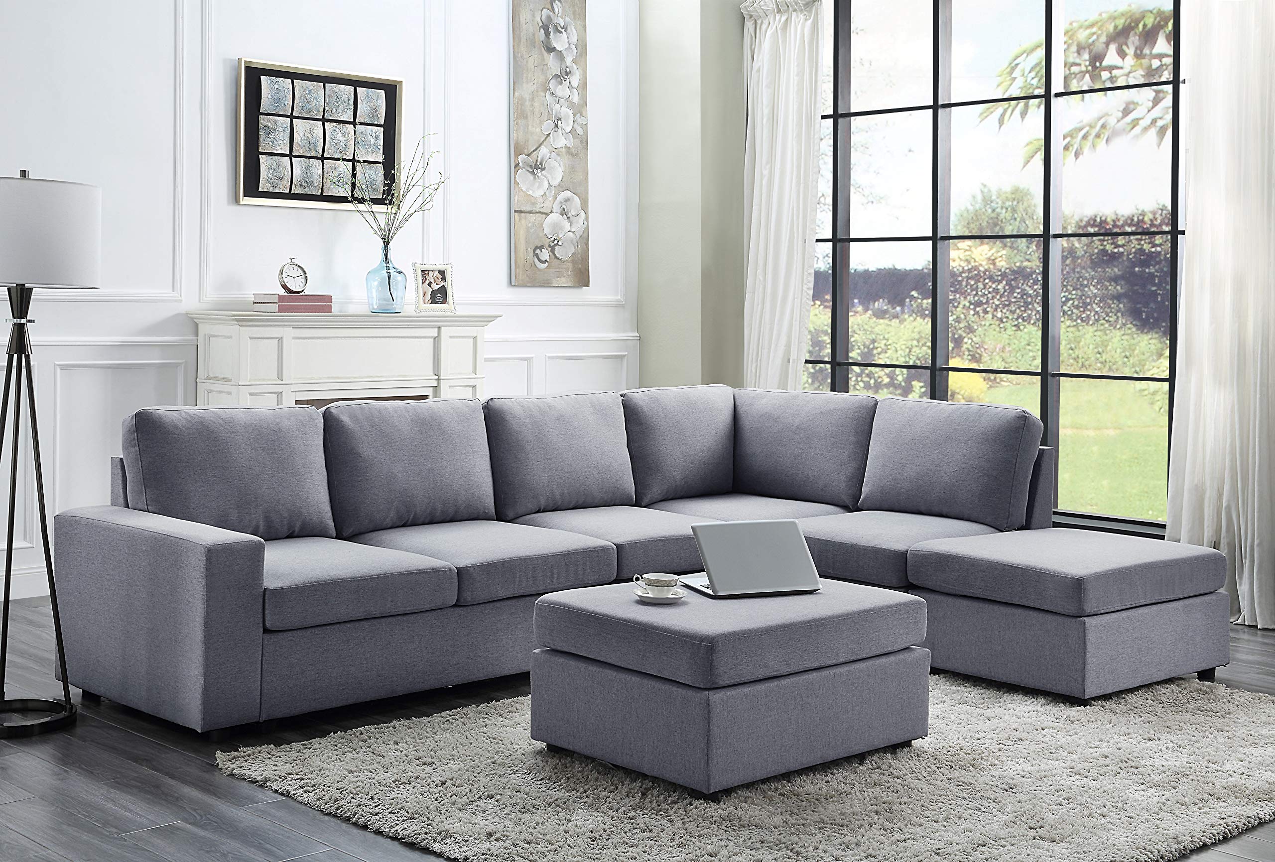 Lilola Home Cassia Light Gray Linen 7 Seat Reversible Modular Sectional Sofa with Ottoman - Thumbnail 3