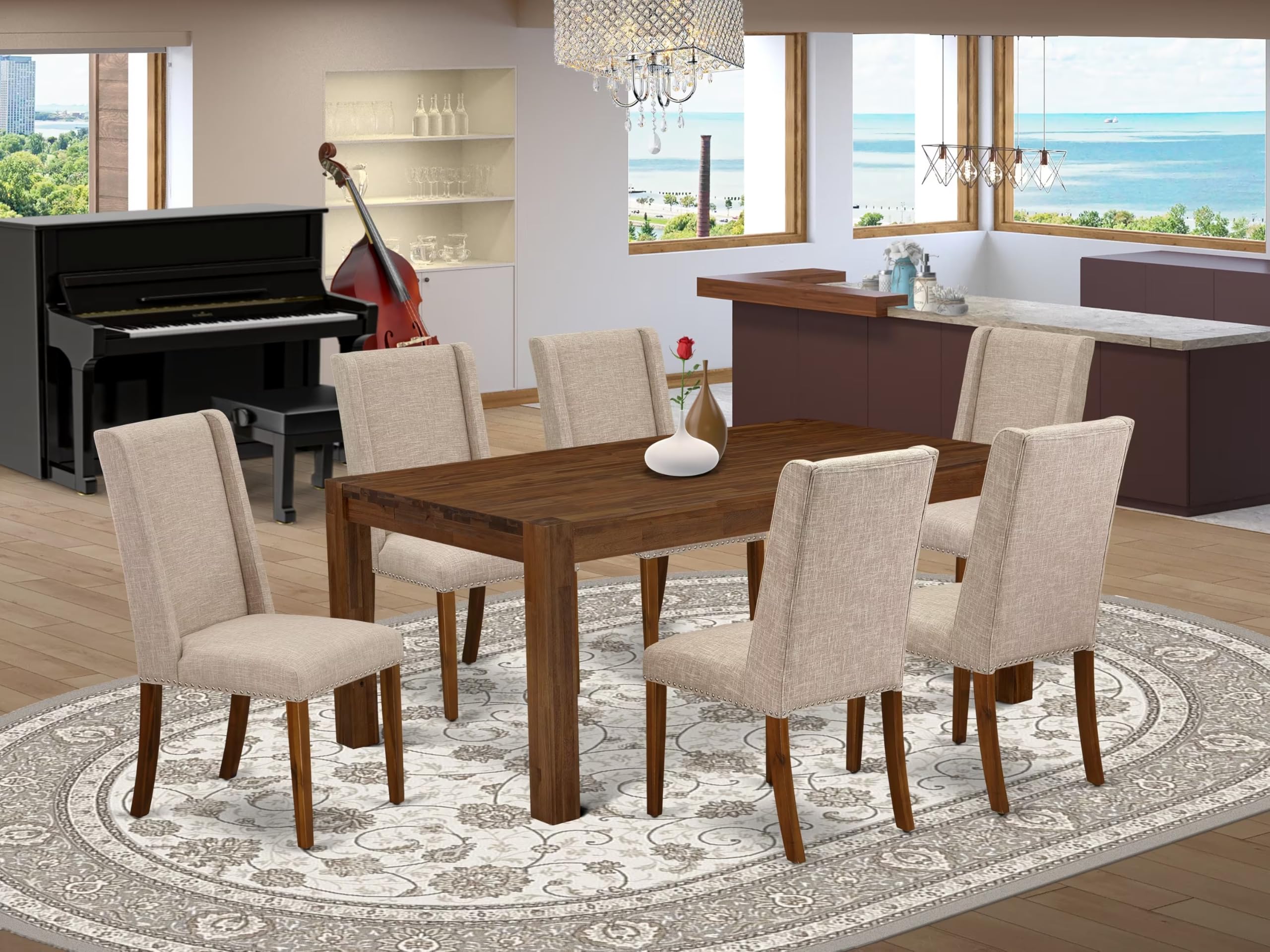 East West Furniture Lmfl7-N8-04 7 Piece Dining Set Consist Of A Rectangle Rustic Wood Dining Room Table And 6 Light Tan Linen Fabric Upholstered Parson Chairs, 40X72 Inch, Walnut
