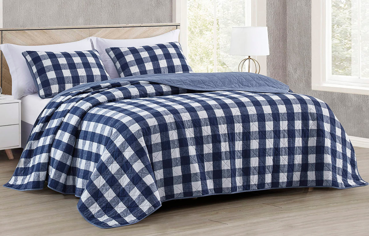 Chezmoi Collection 3-Piece Blue White Plaid Cotton Quilt Set - Buffalo Check Solid Reversible Bedspread - Pre-Washed Cotton Ligh