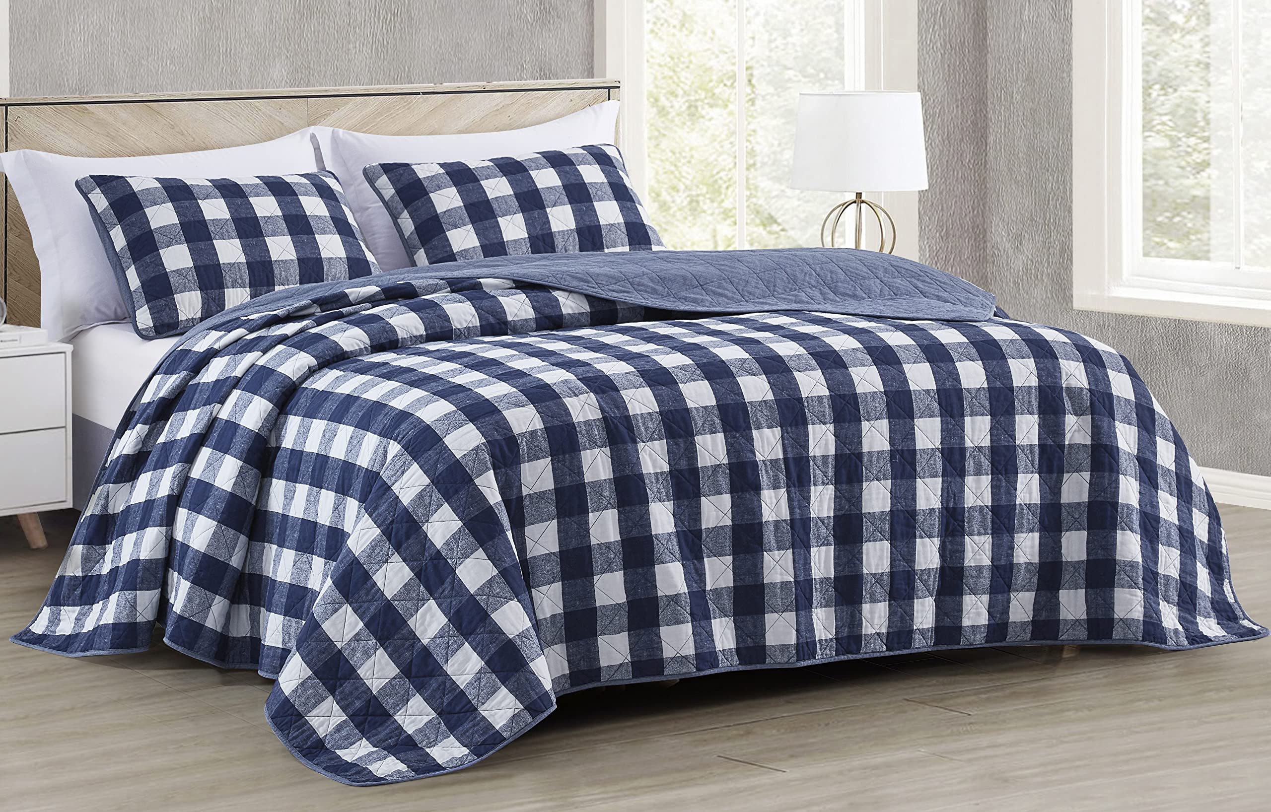Chezmoi Collection 3-Piece Blue White Plaid Cotton Quilt Set - Buffalo Check Solid Reversible Bedspread - Pre-Washed Cotton Ligh