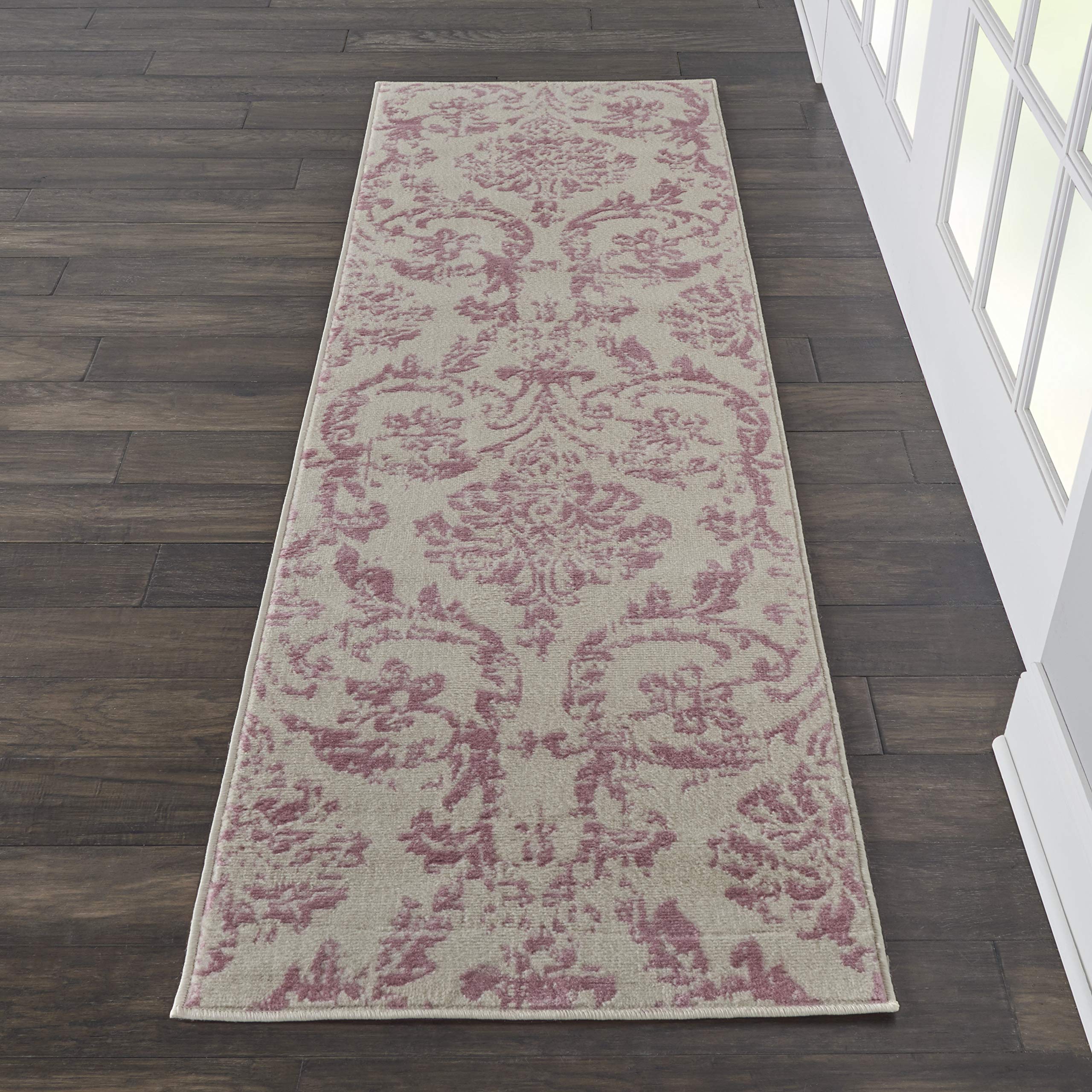 Nourison Jubilant Damask Ivory/Pink 23 x 73 Area-Rug, Easy-Cleaning, Non Shedding, Bed Room, Living Room, Dining Room, Kit