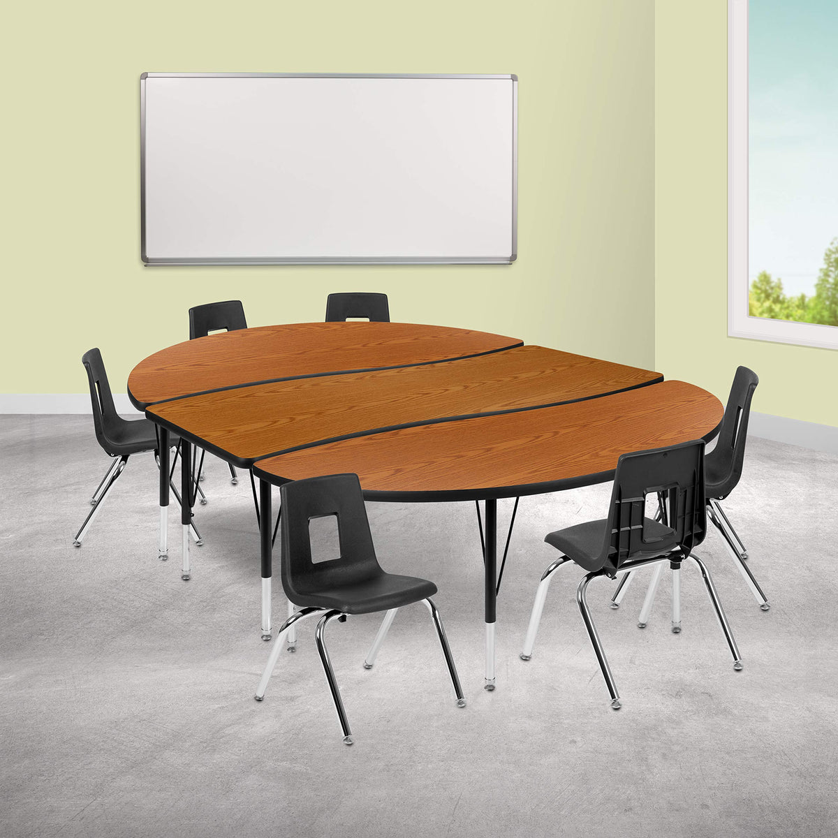 Flash Furniture Emmy 86&quot; Oval Wave Flexible Laminate Activity Table Set with 14&quot; Student Stack Chairs, Oak/Black