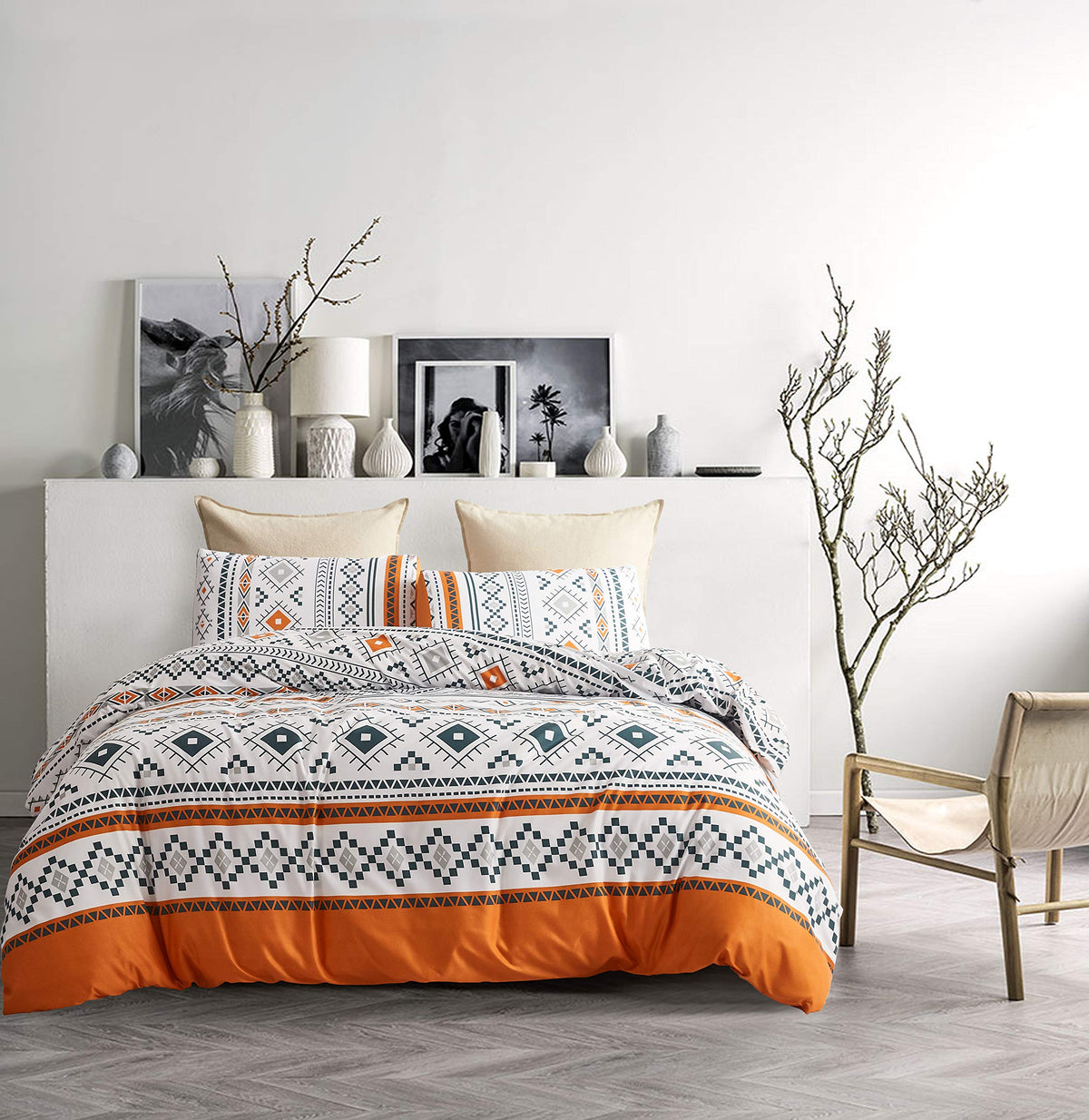 Yfisan Bohemian Duvet Cover Set Queen Size Orange Full Boho Comforter Cover Set Western 3 Pieces Geometric Lightweight Soft Brea