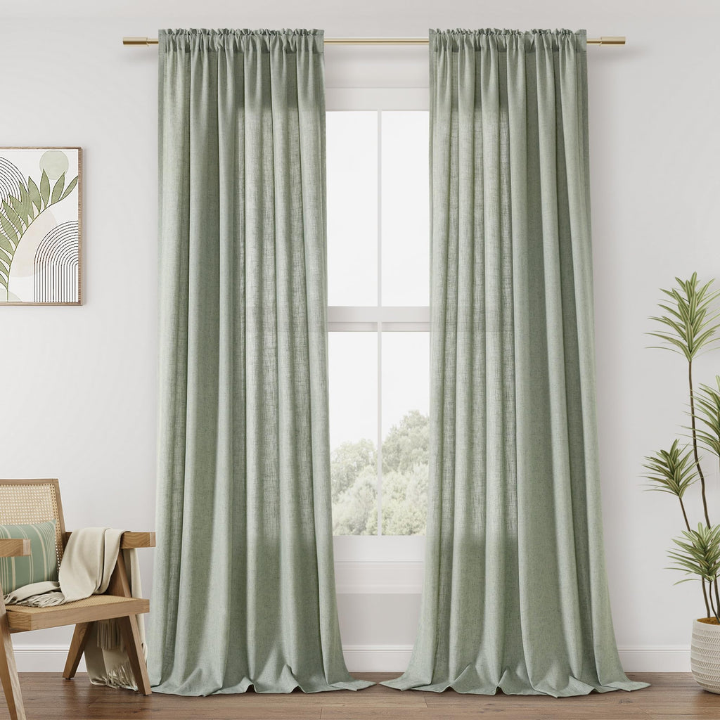 Guken Sage Green Linen Curtains 84 Inch Length For Living Room Bedroom 2 Panels Set Rod Pocket Light Filtering Semi Sheer Window