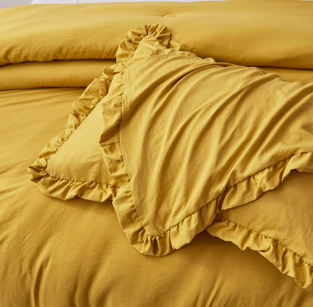 Chezmoi Collection Nora Mustard Yellow Comforter Set Full Size 3-Piece Fluffy Soft Lightweight Bedding Ruffled Edge Trim Stone-W