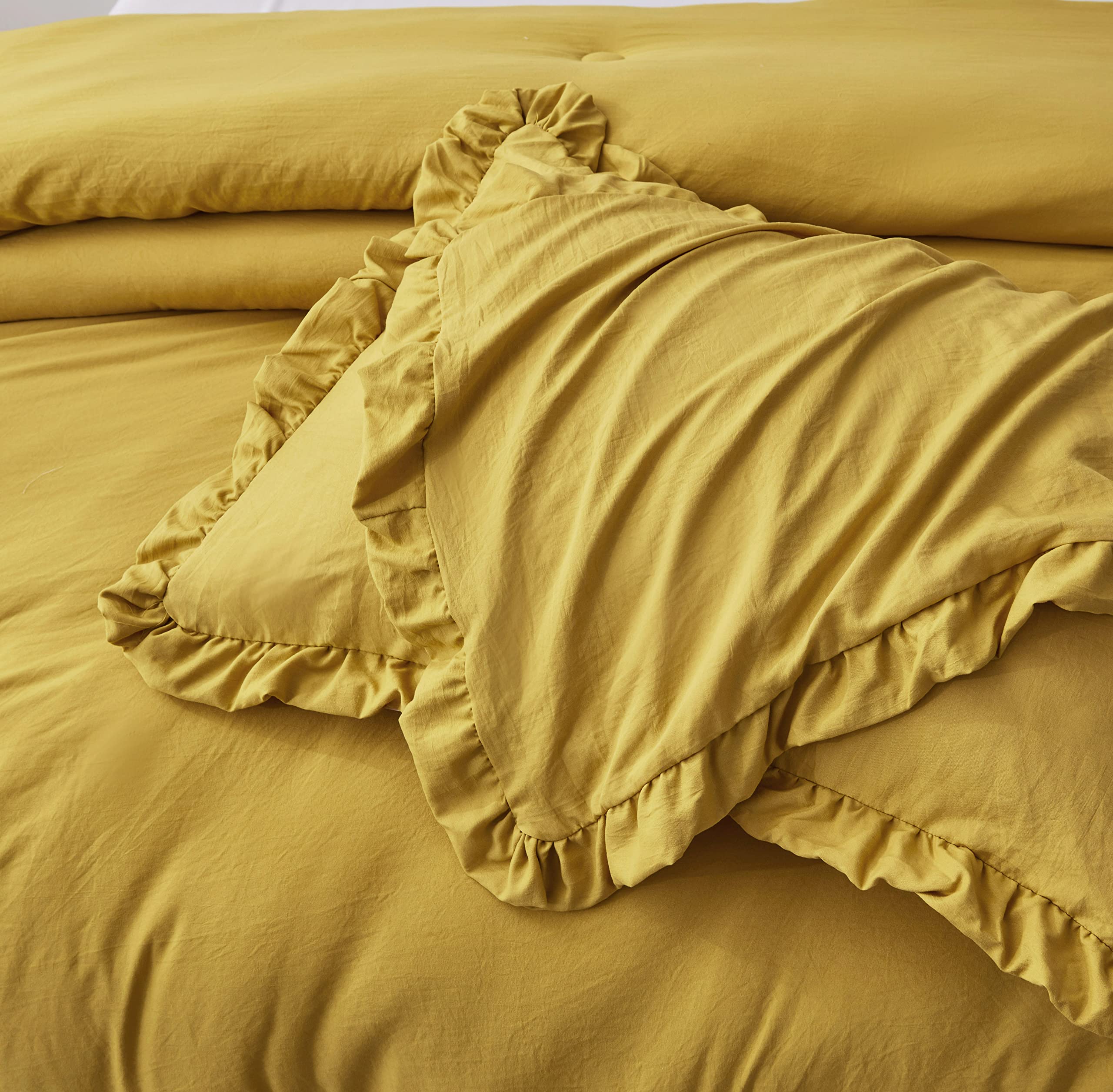 Chezmoi Collection Nora Mustard Yellow Comforter Set Full Size 3-Piece Fluffy Soft Lightweight Bedding Ruffled Edge Trim Stone-W