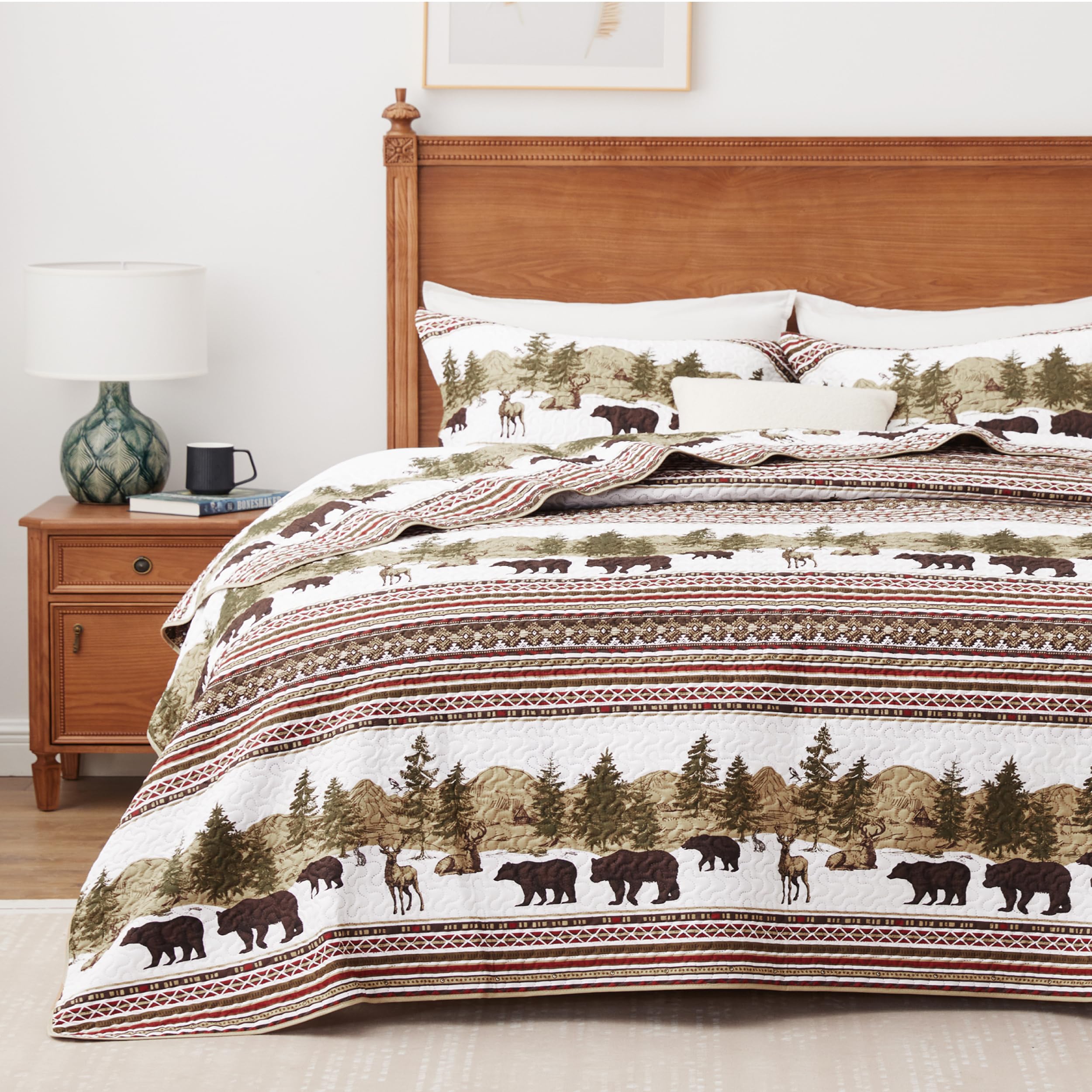 Ppolca Christmas Cabin Quilt Sets Queen, 3-Piece Lightweight Reversible All Season Bear Quilt Set, Lodge Bedspread Queen Size Qu