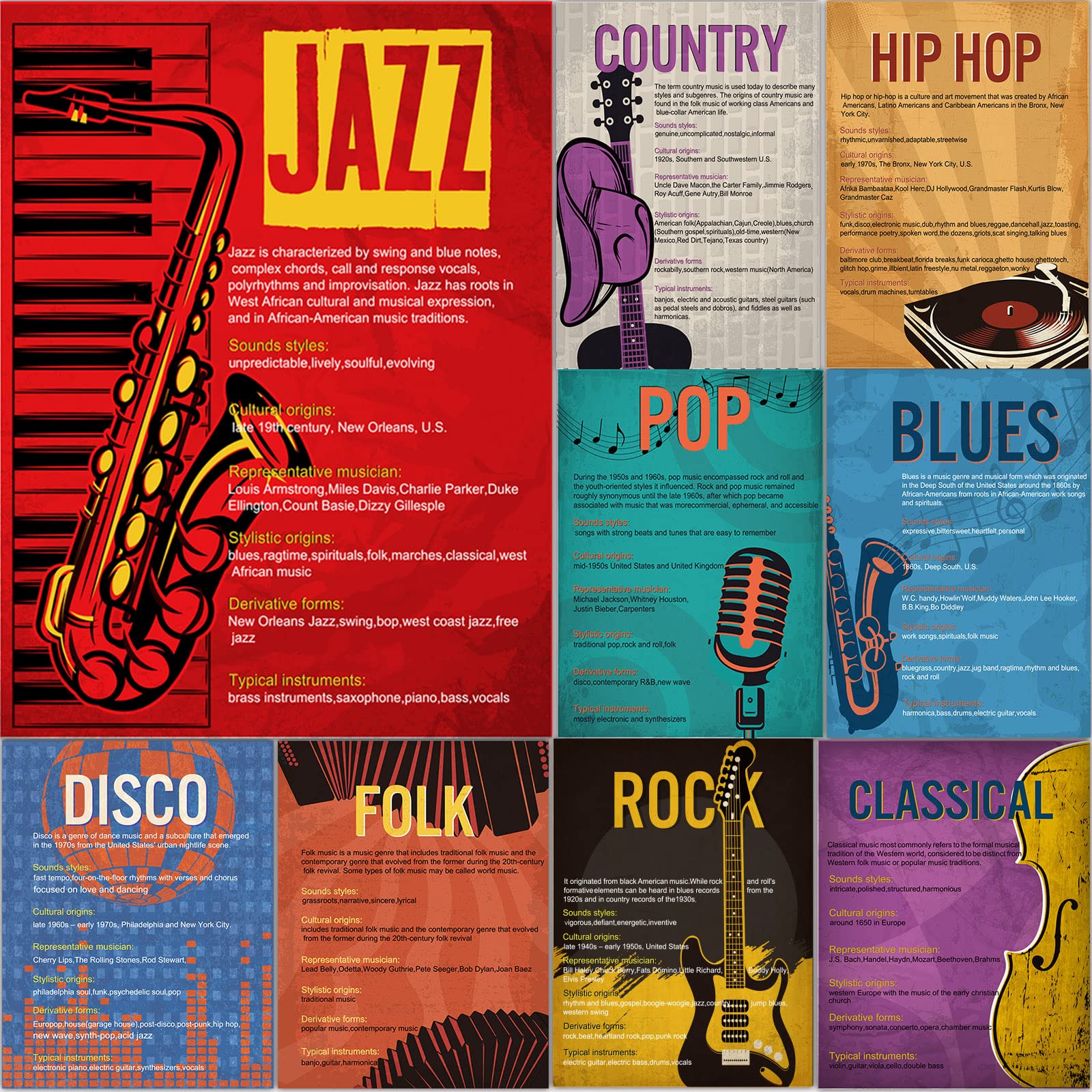 Music Genre Posters Music Bulletin Board Set Music Posters For Classroom Musical Education Posters Decor For Primary School Midd
