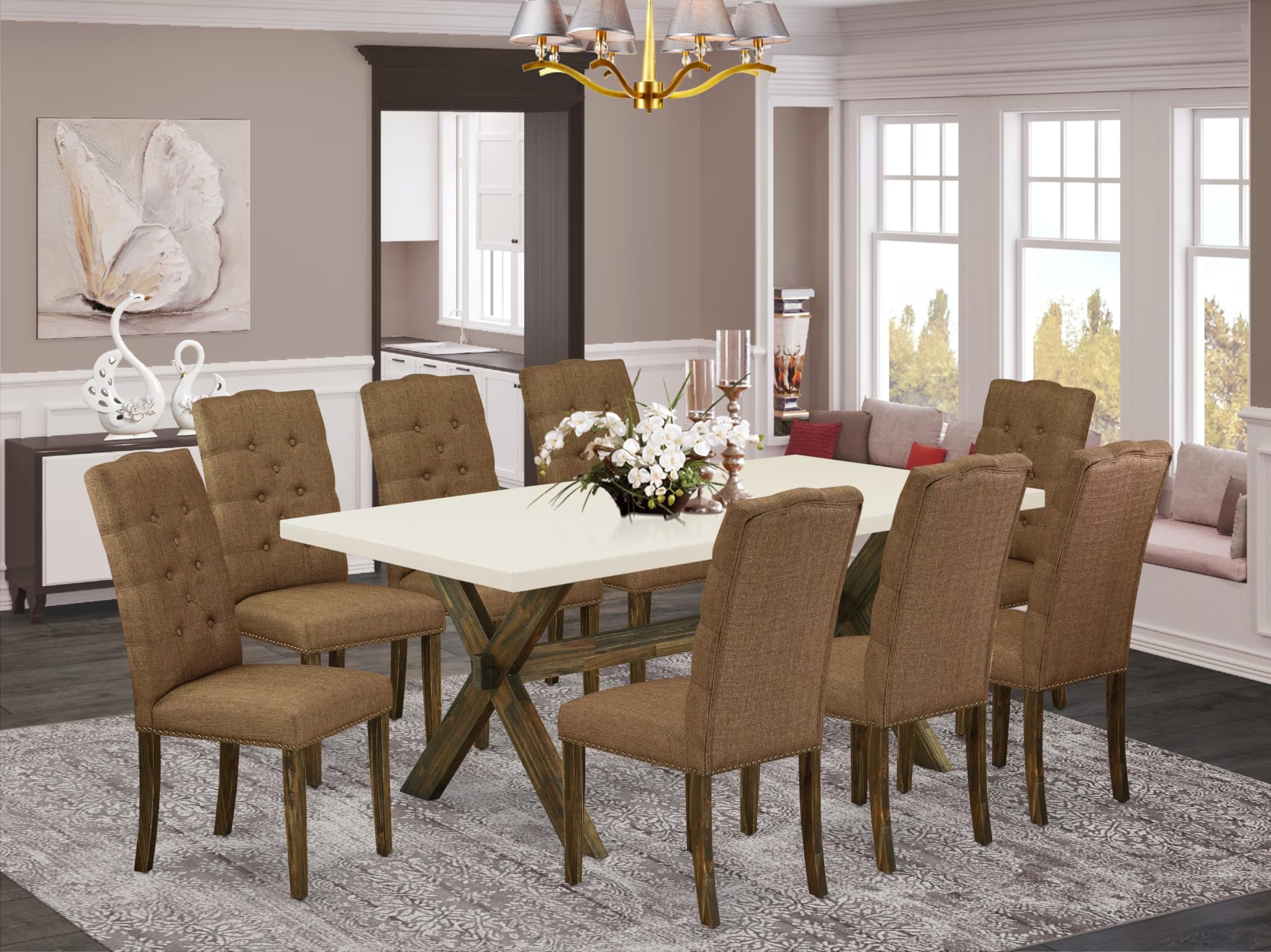 East West Furniture X727El718-9 9-Pc Rectangular Dining Table Set – Dining Room Table Rectangular Top - 8 Parson Chairs Linen Fabric Seat And Back (Linen White & Distressed Espresso Finish)