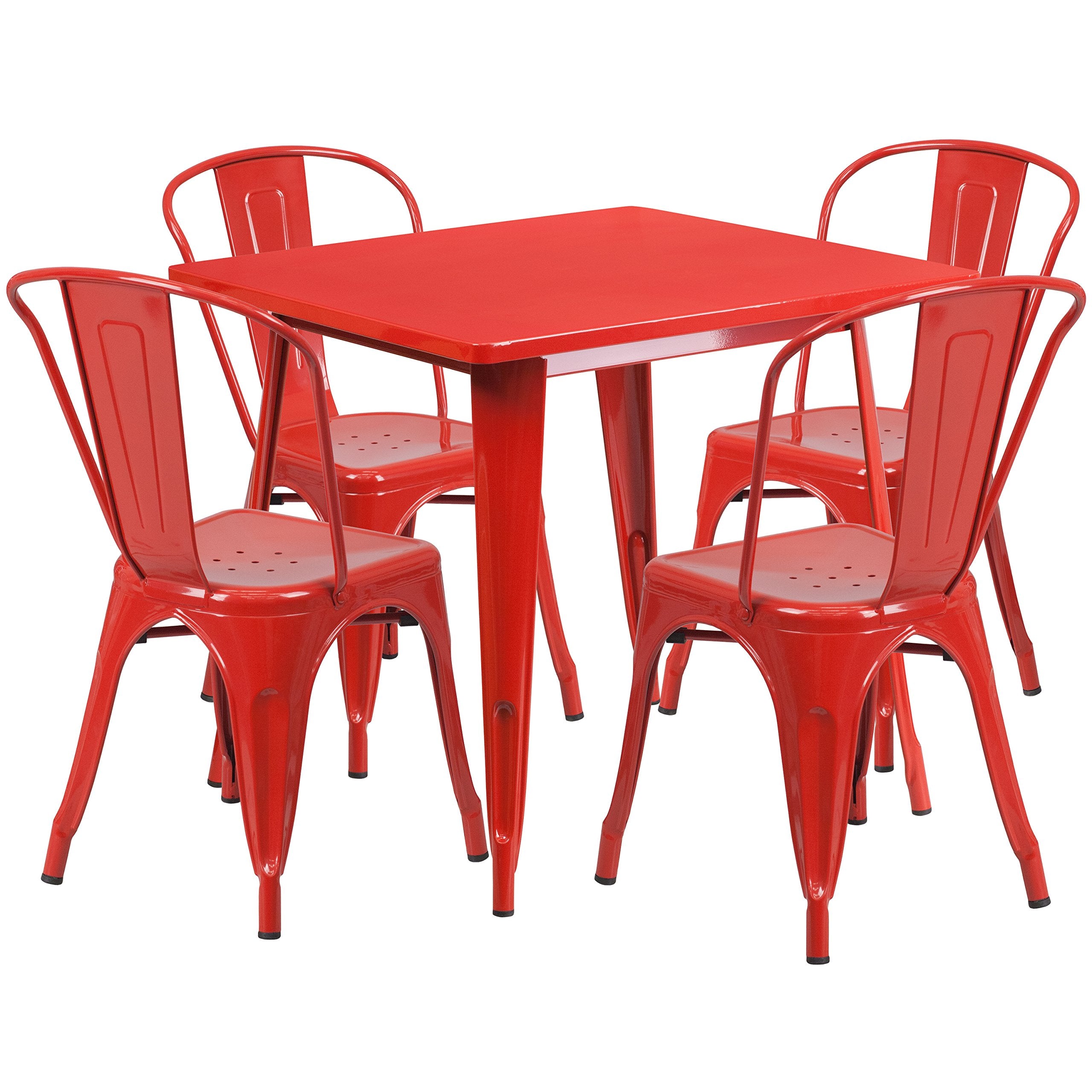 Flash Furniture Commercial Grade 31.5' Square Red Metal Indoor-Outdoor Table Set With 4 Stack Chairs
