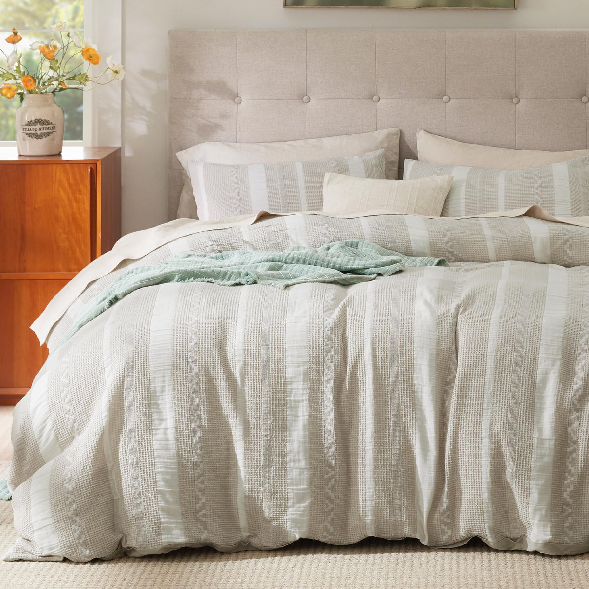 Bedsure Waffle Weave Duvet Cover Queen - 100% Cotton Boho Duvet Cover With 2 Pillowcases - Linen Color Textured Comforter Cover