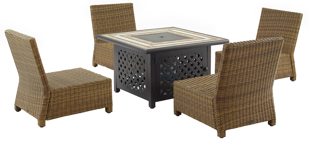 Crosley Furniture Bradenton 5-Piece Wicker Outdoor Chair Patio Furniture Set with Propane Gas Fire Pit Table, Brown with Navy Cushions