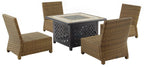 Crosley Furniture Bradenton 5-Piece Wicker Outdoor Chair Patio Furniture Set with Propane Gas Fire Pit Table, Brown with Navy Cushions