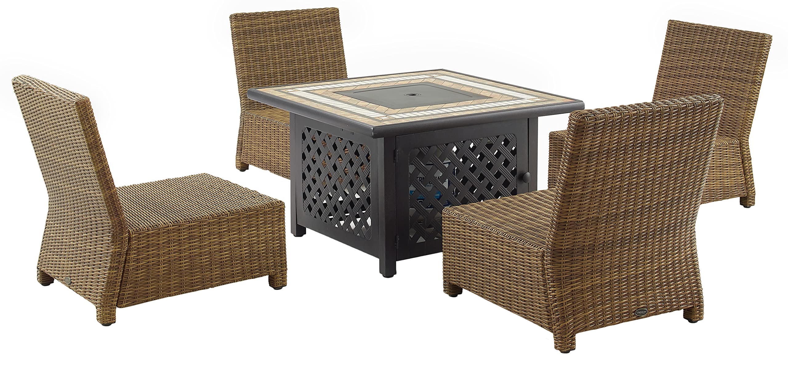 Crosley Furniture Bradenton 5-Piece Wicker Outdoor Chair Patio Furniture Set with Propane Gas Fire Pit Table, Brown with Navy Cushions