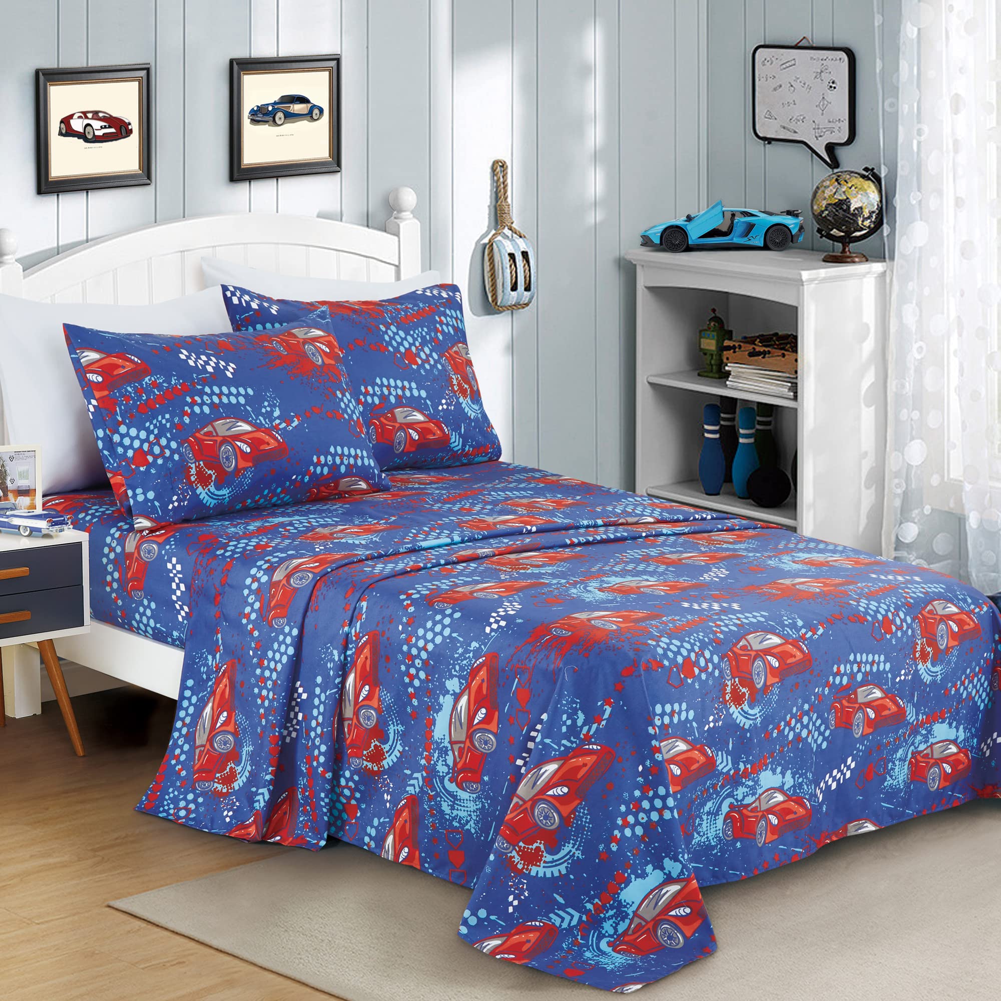 Wpm World Products Mart Red Race Cars Print Kids Collection Bedding 3 Piece Racetrack Theme Twin Size Sheet Set With Flat Fitted