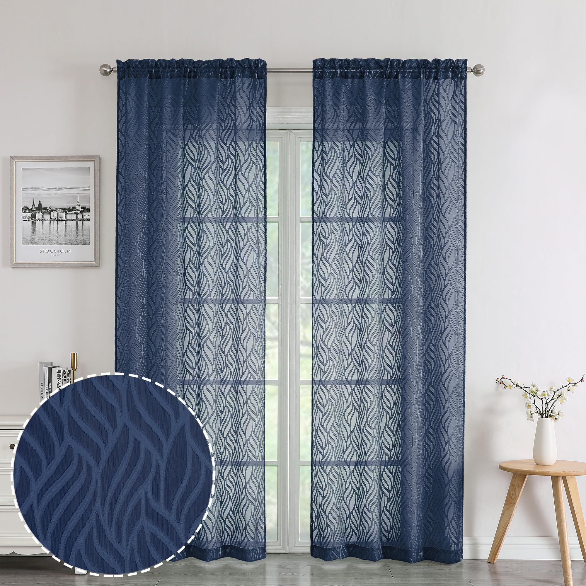 Chyhomenyc Marilyn Navy Blue Sheer Curtains 84 Inch Length 2 Panels, Light Filtering Breathable 3D Leaf Clip Jacquard Textured C